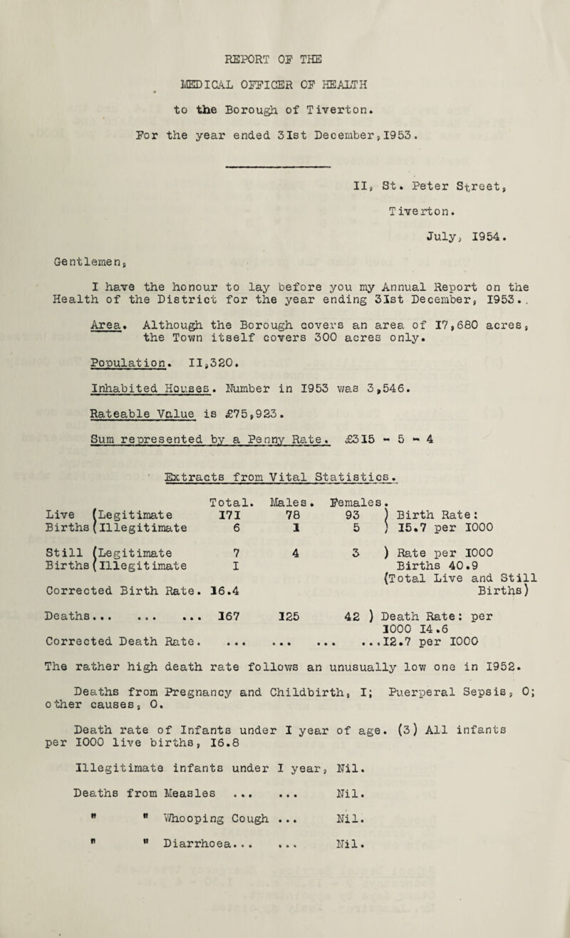 MEDICAL OFFICER OF HEALTH 0 to the Borough of Tiverton. For the year ended 31st December,1953. II, St. Peter Street, Tiverton. July, 1954. Gentlemen, I have the honour to lay before you my Annual Report on the Health of the District for the year ending 31st December, 1953.. Area. Although the Borough covers an area of 17,680 acres, the Town itself covers 300 acres only. Population. 11,320. Inhabited Houses. Humber in 1953 was 3,546. Rateable Value is £75,923. Sum represented by a Penny Rate. £315 - 5 - 4 Extracts from Vital Statistics. Live (Legitimate Births(Illegitimate Still (Legitimate Births(Illegitimate Corrected Birth Rate. D eat h s•«• ... ... Corrected Death Rate. Total. Males. P< smal 171 78 93 6 1 5 7 4 3 I 36.4 367 325 42 • • • • • • • • • • s. ) Birth Rate; ) 15.7 per 1000 ) Rate per 1000 Births 40.9 (Total Live and Still Births) Death Rate: per 3000 14.6 .12.7 per 1000 The rather high death rate follows an unusually low one in 1952. Deaths from Pregnancy and Childbirth, I; Puerperal Sepsis, 0; other causes, 0. Death rate of Infants under I year of age. (3) All infants per 1000 live births, 16.8 Illegitimate infants under I year, Nil. Deaths from Measles . Nil. M w Whooping Cough ... Nil. n w Diarrhoea. Nil.