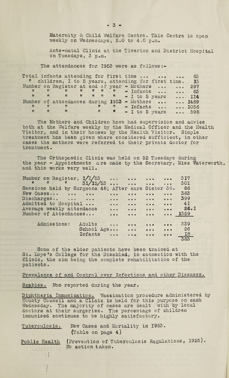 Maternity & Child Welfare Centre. This Centre is open weekly on Wednesdays, 2.0 to 4.0 p.m. Ante-natal Clinic at the Tiverton and District Hospital on Tuesdays, 3 p.m. The attendances for 1953 were as follows Total infants attending for M children, I to 5 years Humber u it Humber it it on it n of n it Register it at n n it attendances ti n end it it 9 of It It during n n first time . attending for first Mothers Infants I to 5 years Mothers ... Infants I to 5 years time year - i» _ « _ 1953 - it _ w _ 83 13 297 83 114 1469 1056 598 The Mothers and Children have had supervision and advice both at the Welfare weekly by the Medical Officer and the Health Visitor, and in their houses by the Health Visitor. Simple treatment has been given where considered sufficient, in other cases the mothers were referred to their private doctor for treatment. The Orthopaedic Clinic was held on 52 Tuesdays during the year - Appointments are made by the Secretary, Miss Waterworth, and this works very well. Humber ti on Register, ii tt I/I/53 31/12/53 by Surgeons 48; Sessions held Hew Cases.. Discharges.. ... ... Admitted to Hospital ... Average weekly attendance Humber of Attendances... After o o • 9 9 9 care Sister • • • o • • 38 317 301 86 383 399 41 26.1 1359 Admissions: Adults ... School Age... Infants 339 26 18 383 Some of the elder patients have been trained at St. Loye*s College for the Disabled, in connection with the Clinic, the aim being the complete rehabilitation of the patients. Prevalence of and Control over Infectious and other Diseases. Scabies. Hon reported during the year. Diphtheria Immunization. Vaccination procedure administered by County Council and a Clinic is held for this purpose on each Wednesday. The majority of cases are dealt . with by local doctors at their surgeries. The percentage of children immunised continues to be highly satisfactory. Tuberculosis. Hew Cases and Mortality in 1953. (Table on page 4) Public Health (Prevention of Tuberculosis Regulations, 1925). Ho action taken. i i