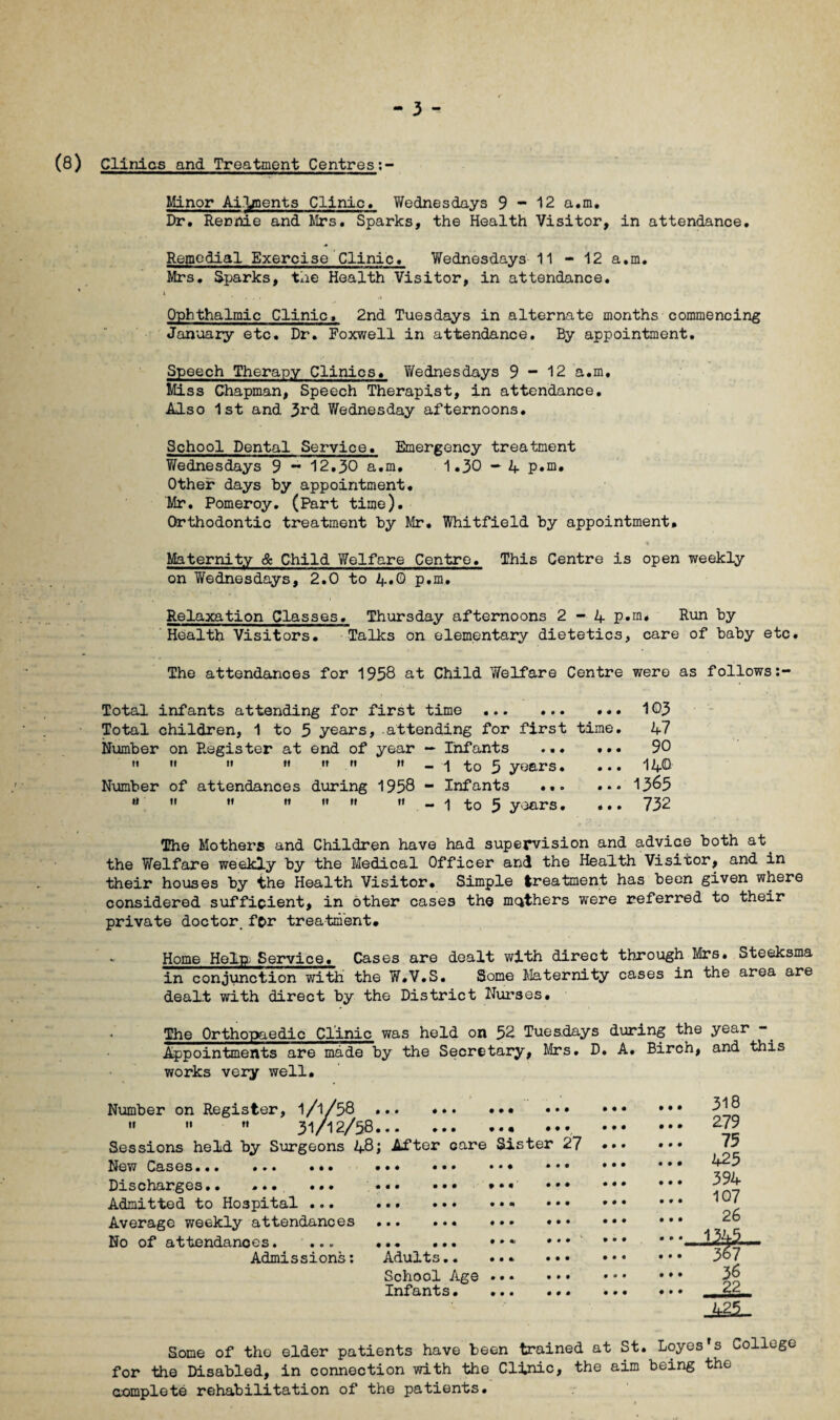 (8) Clinics and Treatment Centres Minor Ailments Clinic* Wednesdays 9-12 a.m. Dr. Rennie and Mrs. Sparks, the Health Visitor, in attendance. Remodial Exercise Clinic. Wednesdays 11 - 12 a.m. Mrs. Sparks, the Health Visitor, in attendance. Ophthalmic Clinic, 2nd Tuesdays in alternate months commencing January etc. Dr. Foxwell in attendance. By appointment. Speech Therapy Clinics. Wednesdays 9-12 a.m. Miss Chapman, Speech Therapist, in attendance. Also 1st and 3rd Wednesday afternoons. School Dental Service. Emergency treatment Tfednesdays 9 - 12.30 a.m. 1.30 - 4 p.m. Other days by appointment. Mr. Pomeroy. (Part time). Orthodontic treatment by Mr. Whitfield by appointment. Maternity & Child Welfare Centre. This Centre is open weekly on Wednesdays, 2.0 to 4*0 p.m. Relaxation Classes. Thursday afternoons 2 - 4 p.m, Run by Health Visitors. Talks on elementary dietetics, care of baby etc. The attendances for 1958 at Child Welfare Centre were as follows Total infants attending for first time.. 103 Total children, 1 to 3 years, attending for first time. 47 Number on Register at end of year — Infants ... ... 90 '• « « » '»  » - 1 to 5 years. ... 140 Number of attendances during 1958 - Infants ... ... 13&5 a     »  - 1 to 5 years. ... 732 The Mothers and Children have had supervision and advice both at^ the Welfare weekly by the Medical Officer and the Health Visitor, and in their houses by the Health Visitor. Simple treatment has been given where considered sufficient, in other cases the mothers were referred to their private doctor. fc>r treatment. Home Hein Service. Cases are dealt with direct through Mrs. Steeksma in conjunction with the W.V.S. Some Maternity cases in the area are dealt with direct by the District Nurses, The Orthopaedic Clinic was held on 52 Tuesdays during the year Appointments are made by the Secretary, Mrs. D. A. Birch, and this works very well. Number ti on ii Register, rt Sessions held by 1/1/58 31/12 2/58. Surgeons 48; Alter care Sister 27 New Cases... ... ... Discharges. ... Admitted to Hospital ... Average weekly attendances No of attendances. ... Admissions: • •• ••• • • • ••• • • • ••• Adults.. School Age * * Infants• .. • • • • • • • • • • • • • » • • • • 318 179 75 425 394 107 26 Some of the elder patients have been trained at St. Loyes’s College for the Disabled, in connection with the Clinic, the aim being the complete rehabilitation of the patients.
