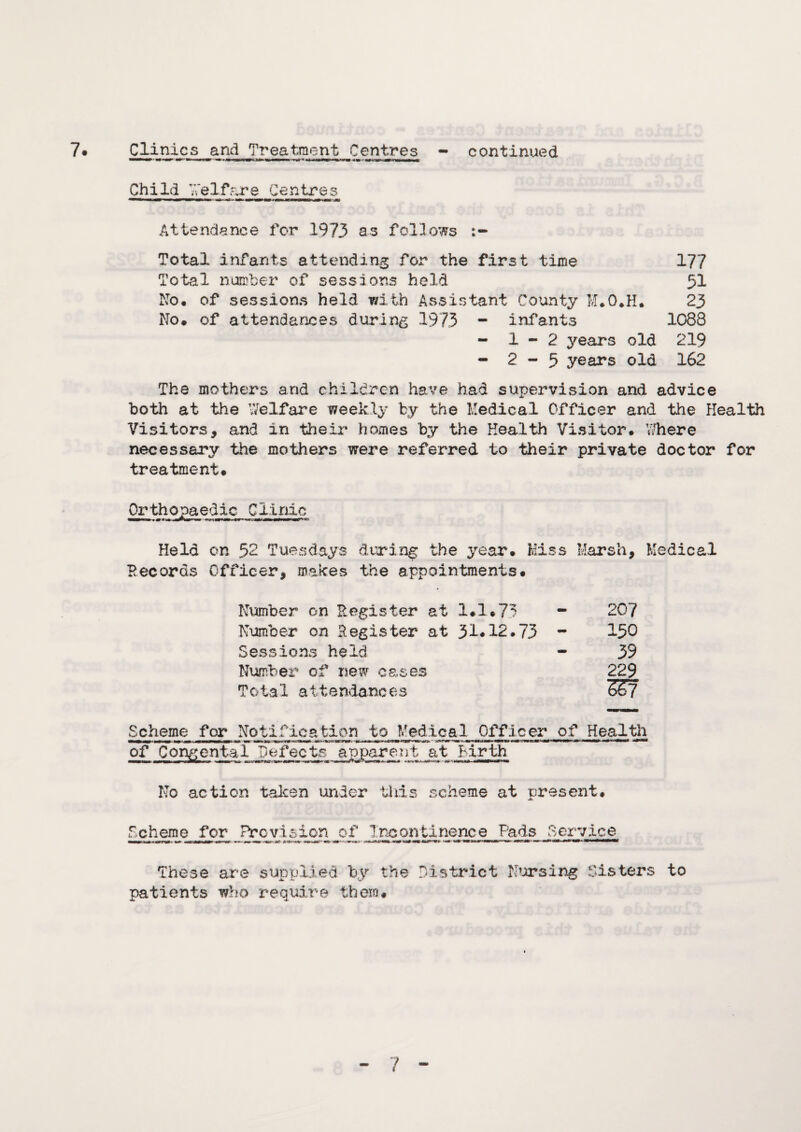 Child Welfare Centres i.tm i •■•■n mi i mi ir mi*wi ■rt»a«—n « iw jk Attendance for 1973 as follows Total infants attending for the first time 177 Total number of sessions held 51 No. of sessions held with Assistant County M.O.H. 23 No. of attendances during 1973 - infants 1083 - 1-2 years old 219 - 2-5 years old 162 The mothers and children have had supervision and advice both at the Welfare weekly by the Medical Officer and the Health Visitors, and in their homes by the Health Visitor. Where necessary the mothers were referred to their private doctor for treatment. Orthopaedi Clinic r m i— ffr —- Held on 52 Tuesdays during the year. Miss Marsh, Records Officer, makes the appointments. Number on Register at 1.1*73 - 207 Number on Register at 31*12.73 * 150 Sessions held - 39 Number of new cases 229 T oia1 a itendances 5d7 Medical Scheme for Notification to Medical Officer of Health of Congenial Defects apparent at Birth No action taken under this scheme at present. Scheme for Prevision Ijgsontinence mPads 3ervice These are supplied by the District Nursing Sisters to patients who require them. 7