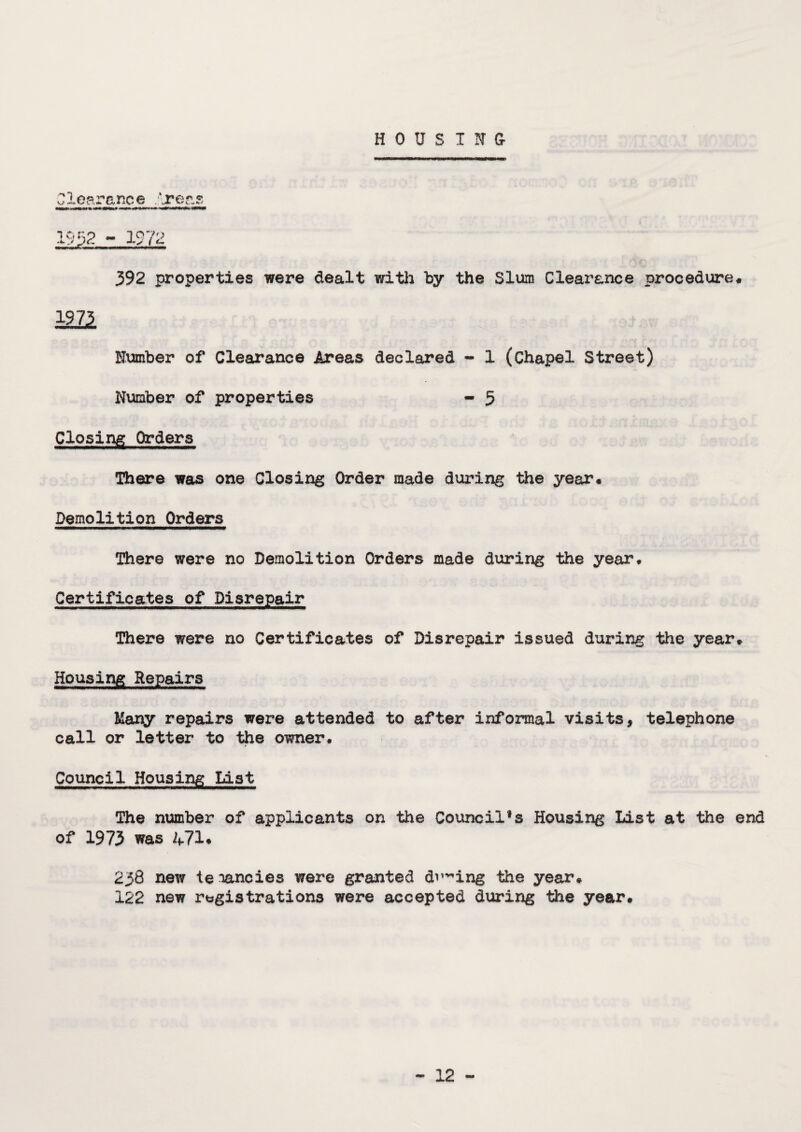 HOUSING Clearance .'-Teas 392 properties were dealt with by the Slum Clearance procedure« mi Humber of Clearance Areas declared * 1 (Chapel Street) Humber of properties - 5 Closing Orders There was one Closing Order made during the year* Demolition Orders There were no Demolition Orders made during the year* Certificates of Disrepair There were no Certificates of Disrepair issued during the year* Housing Repairs Many repairs were attended to after informal visits, telephone call or letter to the owner. Council Housing List The number of applicants on the Council’s Housing List at the end of 1973 was W71* 238 new te nancies were granted d^ing the year* 122 new registrations were accepted during the year.