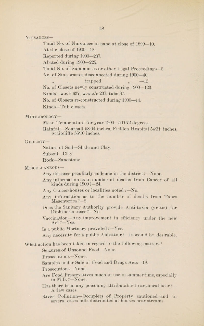 Nuisances— Total No. of Nuisances in hand at close of 1899—10. At the close of 1900—12. Reported during 1900—237. Abated during 1900—225. Total No. of Summonses or other Legal Proceedings—5. No. of Sink wastes disconnected during 1900—40. ,, ,, trapped ,, —15. No. of Closets newly constructed during 1900—123. Kinds—w.c.'s 637, w.w.c.’s 237, tubs 37. No. of Closets re-constructed during 1900—14. Kinds—Tub closets. Meteorology— Mean Temperature for year 1900—50'072 degrees. Rainfall—Sourhall 58’04 inches, Fielden Hospital 54‘31 inches. Scaitclitfe 56T0 inches. Geology— Nature of Soil—Shale and Clay. Subsoil—Clay. Rock—Sandstone. Miscellaneous— Any diseases peculiarly endemic in the district?—None. Any information as to number of deaths from Cancer of all kinds during 1900 ?—24. Any Cancer-houses or localities noted ?—No. Any information as to the number of deaths from Tabes ' Mesenterica ?—2. Does the Sanitary Authority provide Anti-toxin (gratis) for Diphtheria cases ?—No. Vaccination—Any improvement in efficiency under the new Act ?—Yes. Is a public Mortuary provided ?—Yes. Any necessity for a public Abbattoir ?—It would be desirable. What action has been taken in regard to the following matters ? Seizures of Unsound Food—None. Prosecutions—N one. Samples under Sale of Food and Drugs Acts—19. Prosecutions—None. Are Food Preservatives much in use in summer time, especially in Milk ?—None. Has there been any poisoning attributable to arsenical beer ?— A few cases. River Pollution—Occupiers of Property cautioned and in several cases bills distributed at houses near streams.