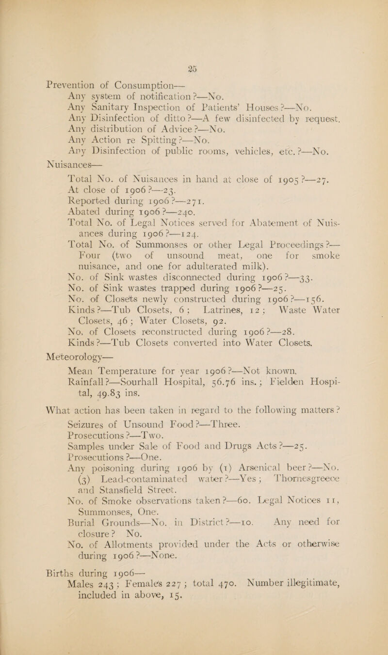 Prevention of Consumption— Any system of notification ?—No. Any Sanitary Inspection of Patients’ Houses?—No. Any Disinfection of ditto ?—A few disinfected by request. Any distribution of Advice?—No. Any Action re Spitting?—No-. Any Disinfection of public rooms, vehicles, etc. ?—No. Nuisances— Total No. of Nuisances in hand at close of 1905 ?—27. At clo'se of 1906?—23. Reported during 1906?—271. Abated during 1906?—240. Total No. of Legal Notices served for Abatement of Nuis¬ ances during 1906?—124. Total No. of Summonses or other Legal Pnoceedings ?— Four (two of unsound meat, one for smoke nuisance, and one for adulterated milk). No. of Sink wastes disconnected during 1906?—33. No. of Sink wastes trapped during 1906?—25. No. of Closets newly constructed during 1906?—156. Kinds?—Tub Closets, 6; Latrines, 12; Waste Water Closets, 46; Water Closets, 92. No, of Closiets reconstructed during 1906?—28. Kinds?—Tub Closets converted into Water Closets. Meteorology— Mean Temperature for year 1906?—Not known. Rainfall?—Sourhall Hospital, 56.76 ins.; Fielden Hospi¬ tal, 49.83 ins. What action has been taken in regard to the following matters ? Seizures of Umsound Food?—Three. Prosecutions ?—Two. Samples under Sale of Food and Drugs Acts?—25. Prosecutions ?—One. Any poisoning during 1906 by (i) Arsenical beer?—No. (3) Lead-contaminated water?—Yes; Thornesgreece and Stansfield Street. No'. of Smoke observations taken?—60. Legal Notices ii, Summonses, One. Burial Grounds—No. in District?—10. Any need for closure? No. No. of Allotments provided under the Acts or otherwise during 1906?—None. Births during 1906— Males 243; Female's 227; total 470. Number illegitimate, included in above, 15.