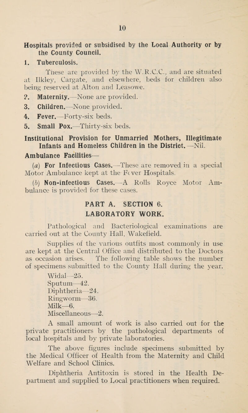 Hospitals provided or subsidised by the Local Authority or by the County Council. 1. Tuberculosis. These are provided by the W.R.C.C., and are situated at Ilkley, Cargate, and elsewhere, beds for children also being reserved at Alton and Deasowe. 2. Maternity.—None are provided. 3. Children.—None provided. 4. Fever.—Forty-six beds. 5. Small Pox.—Thirty-six beds. Institutional Provision for Unmarried Mothers, Illegitimate Infants and Homeless Children in the District.—Nil. Ambulance Facilities— (a) For Infectious Cases.—These are removed in a special Motor Ambulance kept at the Fever Hospitals. (b) Non-infectious Cases.—A Rolls Royce Motor Am¬ bulance is provided for these cases. PART A. SECTION 6, LABORATORY WORK. Pathological and Bacteriological examinations are carried out at the County Hall, Wakefield. vSupplies of the various outfits most commonly in use are kept at the Central Office and distributed to the Doctors as occasion arises. The following table shows the number of specimens submitted to the County Hall during the year. Widal—25. Sputum—42. Diphtheria—24. Ringworm—36. Milk—6. Miscell aneous—2. A small amount of work is also carried out for the private practitioners by the pathological departments of local hospitals and by private laboratories. The above figures include specimens submitted by the Medical Officer of Health from the Maternity and Child Welfare and School Clinics. Diphtheria Antitoxin is stored in the Health De¬ partment and supplied to Focal practitioners when required.