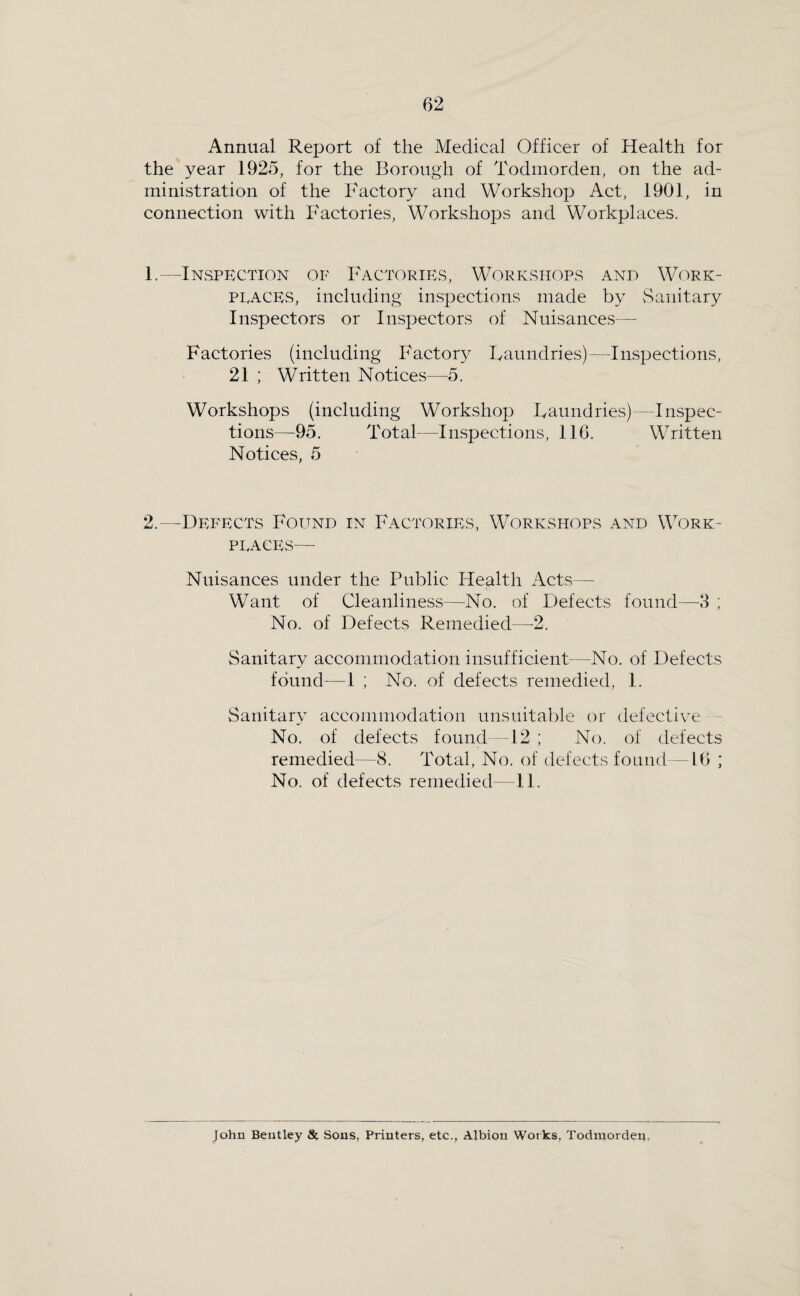 Annual Report of the Medical Officer of Health for the year 1925, for the Borough of Todmorden, on the ad¬ ministration of the Factory and Workshop Act, 1901, in connection with Factories, Workshops and Workplaces. 1.—Inspection of Factories, Workshops and Work- peaces, including inspections made by J^aiiitary Inspectors or Inspectors of Nuisances— Factories (including Factory Faundries)—Inspections, 21 ; Written Notices—5. Workshops (including Workshop Faundries)—Inspec¬ tions—95, Total—Inspections, 116. Written Notices, 5 2.—Defects Found in Factories, Workshops and Work- peaces— Nuisances under the Public Health Acts— Want of Cleanliness—No. of Defects found—3 ; No. of Defects Remedied—2. Sanitary accommodation insufficient—No. of Defects found—1 ; No. of defects remedied, 1. Sanitary accommodation unsuitable or defective - No. of defects found -12 ; No. of defects remedied—8. Total, No. of defects found—16 ; No. of defects remedied—11. John Bentley & Sons, Printers, etc., Albion Works, Todmordeii,