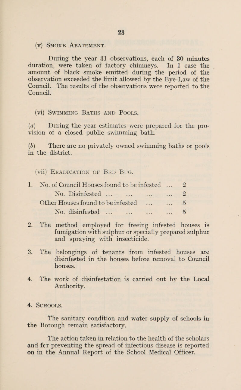 (v) Smoke Abatement. During the year 31 observations, each of 30 minutes duration, were taken of factory chimneys. In 1 case the amount of black smoke emitted during the period of the observation exceeded the limit allowed by the Bye-Law of the Council. The results of the observations were reported to the Council. (vi) Swimming Baths and Pooes. (a) During the year estimates were prepared for the pro¬ vision of a closed public swimming bath. (b) There are no privately owned swimming baths or pools in the district. (vii) Eradication of Bed Bug. 1. No. of Council Houses found to be infested ... 2 No. Disinfested ... ... ... ... 2 Other Houses found to be infested ... ... 5 No. disinfested ... ... ... ... 5 2. The method employed for freeing infested houses is fumigation with sulphur or specially prepared sulphur and spraying with insecticide. 3. The belongings of tenants from infested houses are disinfested in the houses before removal to Council houses. 4. The work of disinfestation is carried out by the Local Authority. 4. Schooes. The sanitary condition and water supply of schools in the Borough remain satisfactory. The action taken in relation to the health of the scholars and fcr preventing the spread of infectious disease is reported on in the Annual Report of the School Medical Officer.