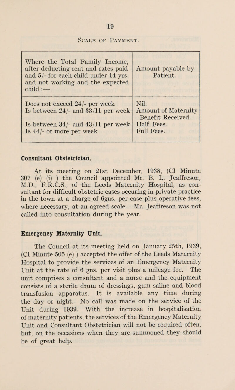 SCAI.E OF Payment. Where the Total Family Income, after deducting rent and rates paid and 5/- for each child under 14 yrs. and not working and the expected child :— Amount payable by Patient. Does not exceed 24/- per week Is between 24/- and 33/11 per week Is between 34/- and 43/11 per week Is 44/- or more per week Nil. Amount of Maternity Benefit Received. Half Fees. Full Fees. Consultant Obstetrician. At its meeting on 21st December, 1938, (Cl Minute 307 (e) (i) ) the Council appointed Mr. B. D. Jeaffreson, M.D., F.R.C.S., of the Leeds Maternity Hospital, as con¬ sultant for difficult obstetric cases occuring in private practice in the town at a charge of 6gns. per case plus operative fees, where necessary, at an agreed scale. Mr. Jeaffreson was not called into consultation during the year. Emergency Maternity Unit. The Council at its meeting held on January 25th, 1939, (Cl Minute 505 (e) ) accepted the offer of the Leeds Maternity Hospital to provide the services of an Emergency Maternity Unit at the rate of 6 gns. per visit plus a mileage fee. The unit comprises a consultant and a nurse and the equipment consists of a sterile drum of dressings, gum saline and blood transfusion apparatus. It is available any time during the day or night. No call was made on the service of the Unit during 1939. With the increase in hospitalisation of maternity patients, the services of the Emergency Maternity Unit and Consultant Obstetrician will not be required often, but, on the occasions when they are summoned they should be of great help.