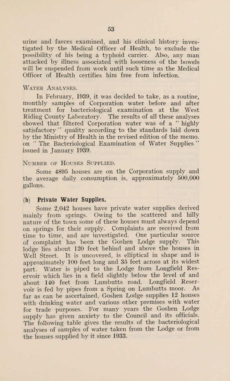 urine and faeces examined, and his clinical history inves¬ tigated by the Medical Officer of Health, to exclude the possibility of his being a typhoid carrier. Also, any man attacked by illness associated with looseness of the bowels will be suspended from work until such time as the Medical Officer of Health certifies him free from infection. Water Anaeyses. In February, 1939, it was decided to take, as a routine, monthly samples of Corporation water before and after treatment for bacteriological examination at the West Riding County Laboratory. The results of all these analyses showed that filtered Corporation water was of a  highly satisfactory ” quality according to the standards laid down by the Ministry of Health in the revised edition of the memo, on “ The Bacteriological Examination of Water Supplies issued in January 1939. Number of Houses Suppeied. Some 4895 houses are on the Corporation supply and the average daily consumption is, approximately 500,000 gallons. (b) Private Water Supplies. Some 2,042 houses have private water supplies derived mainly from springs. Owing to the scattered and hilly nature of the town some of these houses must always depend on springs for their supply. Complaints are received from time to time, and are investigated. One particular source of complaint has been the Goshen Lodge supply. This lodge lies about 120 feet behind and above the houses in Well Street. It is uncovered, is elliptical in shape and is approximately 100 feet long and 35 feet across at its widest part. Water is piped to the Lodge from Longfield Res¬ ervoir which lies in a field slightly below the level of and about 140 feet from Lumbutts road. Longfield Reser¬ voir is fed by pipes from a Spring on Lumbutts moor. As far as can be ascertained, Goshen Lodge supplies 12 houses with drinking water and various other premises with water for trade purposes. For many years the Goshen Lodge supply has given anxiety to the Council and its officials. The following table gives the results of the bacteriological analyses of samples of water taken from the Lodge or from the houses supplied by it since 1933.