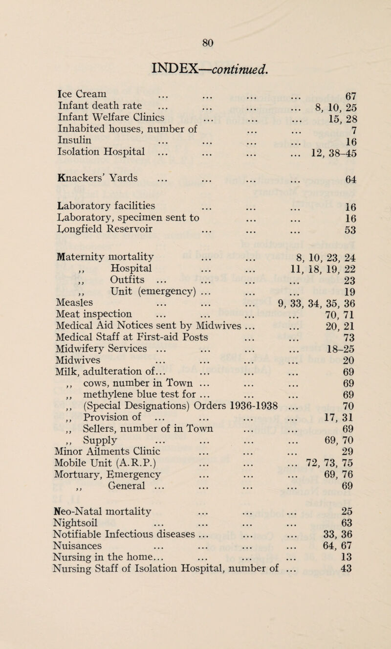 INDEX—continued. Ice Cream • • • 67 Infant death rate ... 8, 10, 25 Infant Welfare Clinics • • • 15, 28 Inhabited houses, number of • « • 7 Insulin • • • 16 Isolation Hospital ... 12, 38-45 Knackers’ Yards • • « 64 Laboratory facilities • * • 16 Laboratory, specimen sent to • • • 16 Eongfield Reservoir • • • 53 Maternity mortality 8, 10, 23, 24 ,, Hospital 11, 18, 19, 22 ,, Outfits ... • • • 23 ,, Unit (emergency) ... • • • 19 Measles 9, 33, 34, 35, 36 Meat inspection * • • 70, 71 Medical Aid Notices sent by Midwives ... • • » 20, 21 Medical Staff at First-aid Posts • • • 73 Midwifery Services ... Midwives Milk, adulteration of... ,, cows, number in Town ... ,, methylene blue test for ... ,, (Special Designations) Orders 1936-1938 ,, Provision of ,, Sellers, number of in Town ,, Supply Minor Ailments Clinic Mobile Unit (A.R.P.) Mortuary, Emergency ,, General ... 18-25 20 69 69 69 70 17, 31 69 69, 70 29 72, 73, 75 69, 76 69 Neo-Natal mortality ... ... ... 25 Nightsoil ... ... ... ... 63 Notifiable Infectious diseases ... ... ... 33,36 Nuisances ... ... ... ... 64, 67 Nursing in the home... ... ... ... 13 Nursing Staff of Isolation Hospital, number of ... 43