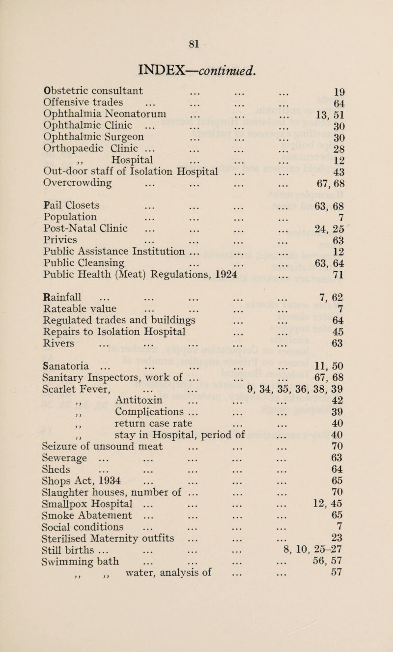 INDEX—continued. Obstetric consultant Offensive trades Ophthalmia Neonatorum Ophthalmic Clinic Ophthalmic Surgeon Orthopaedic Clinic ... ,, Hospital Out-door staff of Isolation Hospital Overcrowding 19 64 13, 51 30 30 28 12 43 67, 68 Fail Closets Population Post-Natal Clinic Privies Public Assistance Institution ... Public Cleansing Public Health (Meat) Regulations, 1924 63, 68 7 24, 25 63 12 63, 64 71 Rainfall Rateable value Regulated trades and buildings Repairs to Isolation Hospital Rivers 7, 62 7 64 45 63 Sanatoria ... ... ... ... Sanitary Inspectors, work of ... Scarlet Fever, ,, Antitoxin ,, Complications ... ,, return case rate ,, stay in Hospital, period of Seizure of unsound meat Sewerage Sheds Shops Act, 1934 Slaughter houses, number of ... Smallpox Hospital ... Smoke Abatement ... Social conditions Sterilised Maternity outfits Still births ... Swimming bath ,, ,, water, analysis of 11, 50 67, 68 9, 34, 35, 36, 38, 39 42 39 40 40 70 63 64 65 70 12,45 65 7 23 8, 10, 25-27 56, 57 57