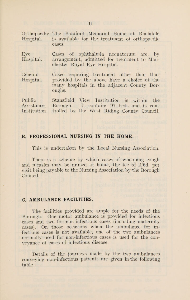 Orthopaedic The Baiiiford Memorial Home at Rochdale Hospital. is available for the treatment of orthopaedic cases. Eye Hospital. General Hospital. Cases of ophthalmia neonatorum are, by arrangement, admitted for treatment to Man¬ chester Royal Eye Hospital. Cases requiring treatment other than that provided by the above have a choice of the many hospitals in the adjacent County Bor¬ oughs. Public Stansfield View Institution is within the Assistance Borough. It contains 97 beds and is con- institution. trolled by the West Riding County Council. B. PROFESSIONAL NURSING IN THE HOME. This is undertaken by the Local Nursing Association. There is a scheme by which cases of whooping cough and measles may be nursed at home, the fee of 2/6d. per visit being payable to the Nursing Association by the Borough Council. C. AMBULANCE FACILITIES. The faeilities provided are ample for the needs of the Borough. One motor ambulance is provided for infectious cases and two for non-infectious cases (including maternity cases). On those occasions when the ambulance for in¬ fectious cases is not available, one of the two ambulances normally used for non-infectious cases is used for the con¬ veyance of cases of infectious disease. Details of the journeys made by the two ambulances conveying non-infectious patients are given in the following table ;—