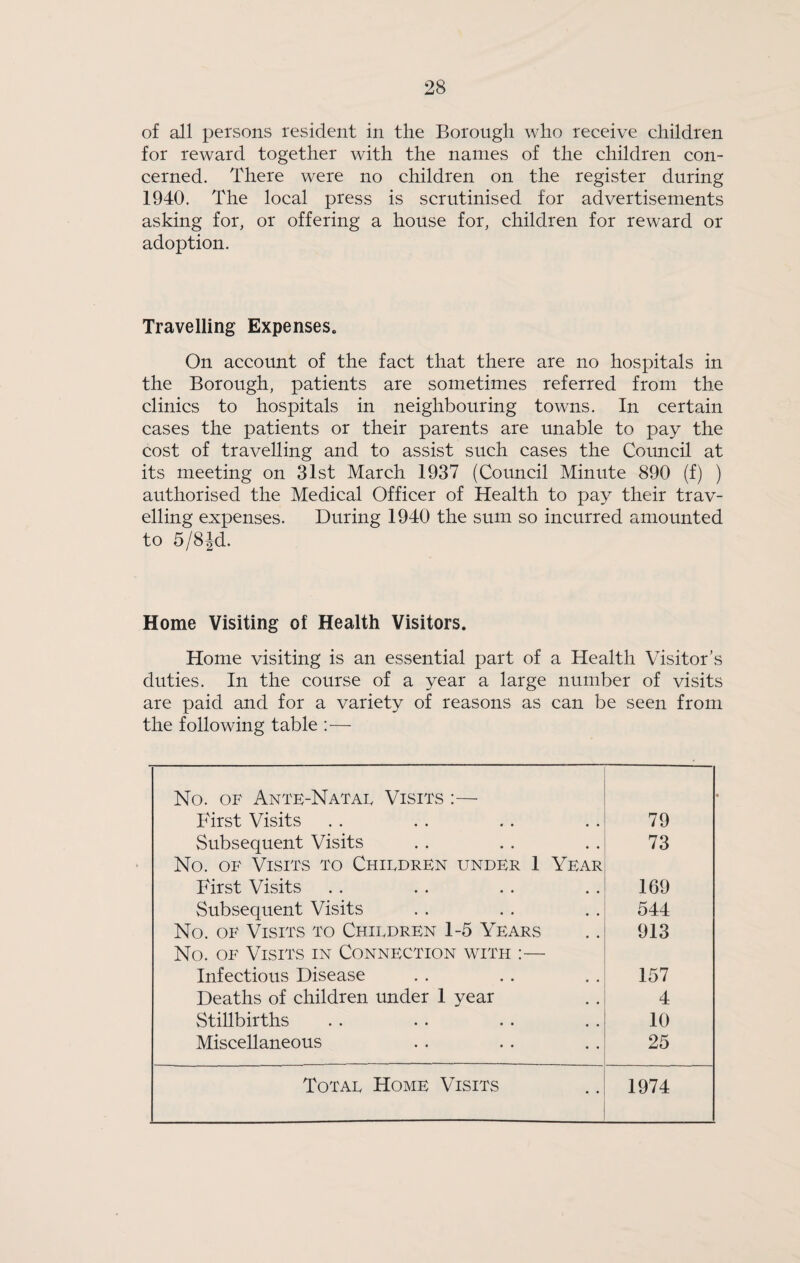 of all persons resident in the Borough who receive children for reward together with the names of the children con¬ cerned. There were no children on the register during 1940. The local press is scrutinised for advertisements asking for, or offering a house for, children for rew^ard or adoption. Travelling Expenses. On account of the fact that there are no hospitals in the Borough, patients are sometimes referred from the clinics to hospitals in neighbouring towns. In certain cases the patients or their parents are unable to pay the cost of travelling and to assist such cases the Council at its meeting on 31st March 1937 (Council Minute 890 (f) ) authorised the Medical Officer of Health to pay their trav¬ elling expenses. During 1940 the sum so incurred amounted to 5/8Jd. Home Visiting of Health Visitors. Home visiting is an essential part of a Health Visitor’s duties. In the course of a year a large number of visits are paid and for a variety of reasons as can be seen from the following table :— No. OF Ante-Nataf Visits P'irst Visits 79 Subsequent Visits 73 No. OF Visits to Chifdren under 1 Year First Visits 169 Subsequent Visits 544 No. OF Visits to Children 1-5 Years 913 No. OF Visits in Connection with :— Infectious Disease 157 Deaths of children under 1 year 4 Stillbirths 10 Miscellaneous 25 Total Home Visits 1974