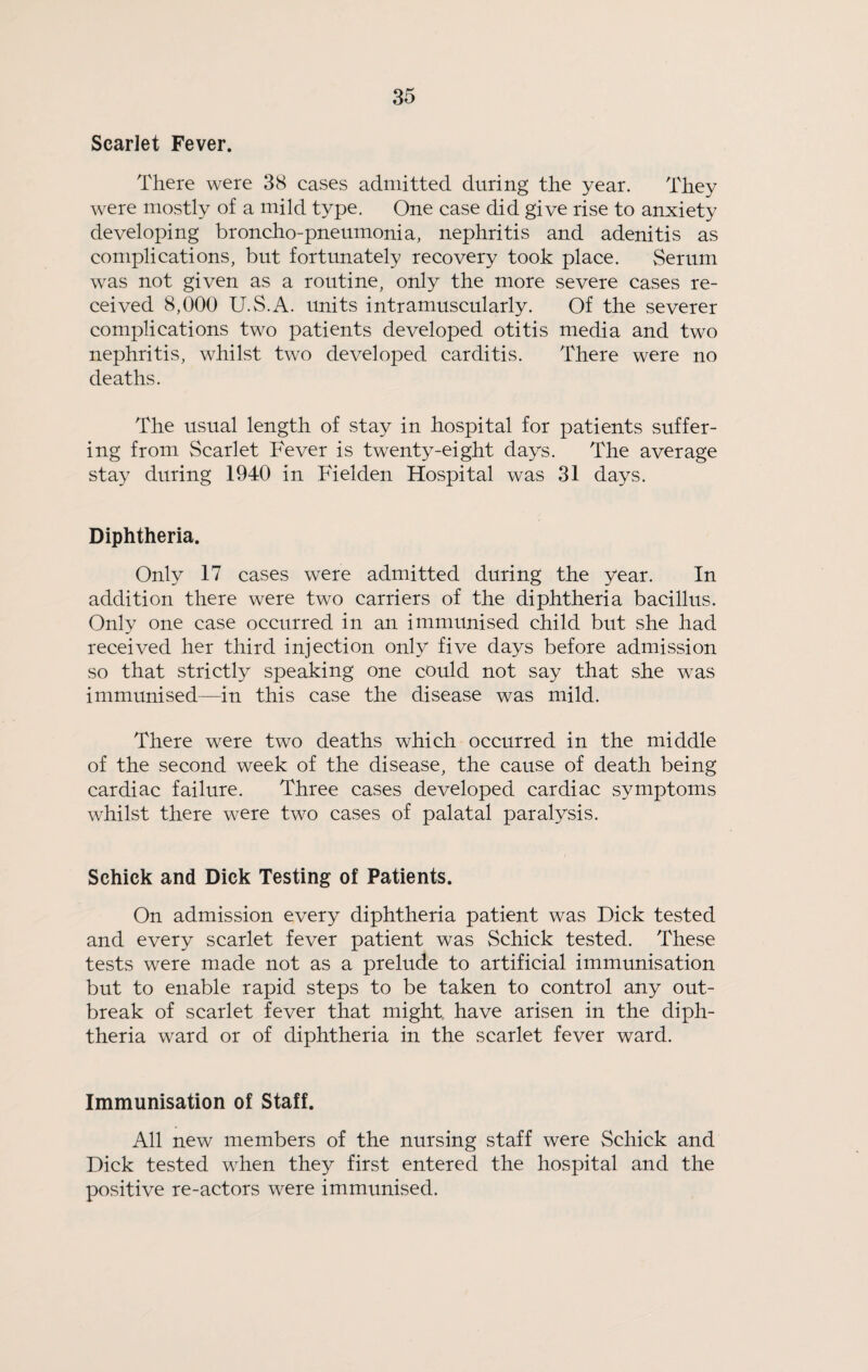 Scarlet Fever. There were 38 cases admitted during the year. They were mostly of a mild type. One case did give rise to anxiety developing broncho-pneumonia, nephritis and adenitis as complications, but fortunately recovery took place. Serum was not given as a routine, only the more severe cases re¬ ceived 8,000 U.S.A. units intramuscularly. Of the severer complications two patients developed otitis media and two nephritis, whilst two developed carditis. There were no deaths. The usual length of stay in hospital for patients suffer¬ ing from Scarlet Fever is twenty-eight days. The average stay during 1940 in Fielden Hospital was 31 days. Diphtheria. Only 17 cases were admitted during the year. In addition there were two carriers of the diphtheria bacillus. Only one case occurred in an immunised child but she had received her third injection only five days before admission so that strictly speaking one could not say that she was immunised—in this case the disease was mild. There were two deaths which occurred in the middle of the second week of the disease, the cause of death being cardiac failure. Three cases developed cardiac symptoms whilst there were two cases of palatal paralysis. Schick and Dick Testing of Patients. On admission every diphtheria patient was Dick tested and every scarlet fever patient was Schick tested. These tests were made not as a prelude to artificial immunisation but to enable rapid steps to be taken to control any out¬ break of scarlet fever that might have arisen in the diph¬ theria ward or of diphtheria in the scarlet fever ward. Immunisation of Staff. All new members of the nursing staff were Schick and Dick tested when they first entered the hospital and the positive re-actors were immunised.