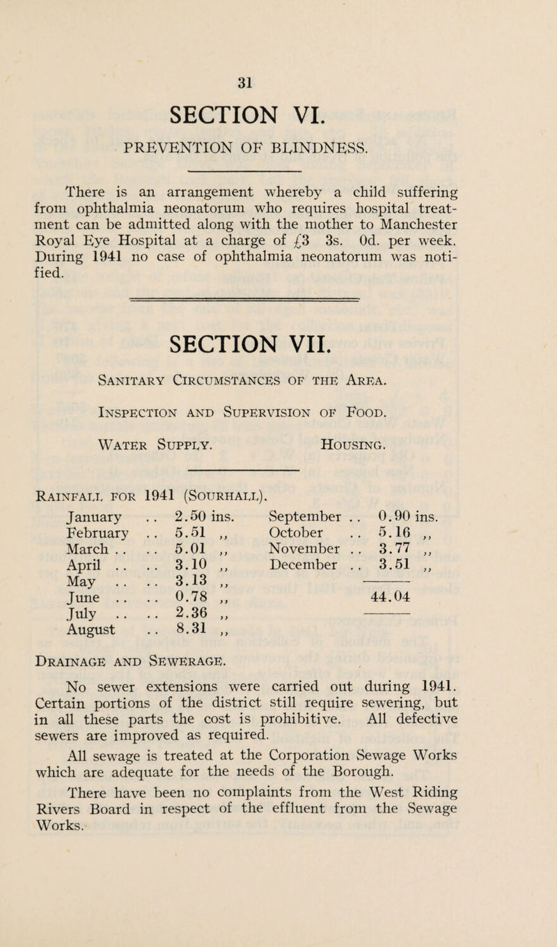 SECTION VI. PREVENTION OF BRINDNESS. There is an arrangement whereby a child suffering from ophthalmia neonatorum who requires hospital treat¬ ment can be admitted along with the mother to Manchester Royal Eye Hospital at a charge of £3 3s. Od. per week. During 1941 no case of ophthalmia neonatorum was noti¬ fied. SECTION VII. Sanitary Circumstances of the Area. Inspection and Supervision of Food. Water Suppey. Housing. Rainfaix for 1941 (Sourhall). January .. 2.50 ins. September . . 0.90 ins. February .. 5.51 )) October 5.16 „ March . . .. 5.01 ) y November . . 3.77 „ April . . .. 3.10 )) December . . 3.51 „ May .. 3.13 > ) June .. .. 0.78 ) i 44.04 July .. .. 2.36 ) } August .. 8.31 )) Drainage and Sewerage. No sewer extensions were carried out during 1941. Certain portions of the district still require sewering, but in all these parts the cost is prohibitive. All defective sewers are improved as required. All sewage is treated at the Corporation Sewage Works which are adequate for the needs of the Borough. There have been no complaints from the West Riding Rivers Board in respect of the effluent from the Sewage Works.