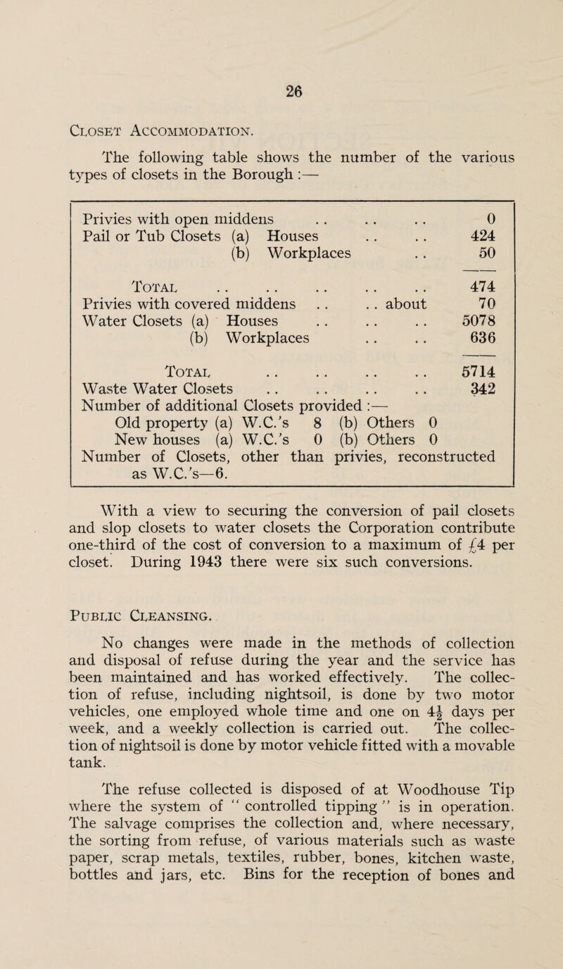 Closet Accommodation. The following table shows the number of the various types of closets in the Borough :— Privies with open middens . . .. .. 0 Pail or Tub Closets (a) Houses .. .. 424 (b) Workplaces .. 50 Total .. .. .. .. .. 474 Privies with covered middens .. .. about 70 Water Closets (a) Houses .. .. .. 5078 (b) Workplaces . . . . 636 Total .. .. .. .. 5714 Waste Water Closets .. .. .. .. 342 Number of additional Closets provided :— Old property (a) W.C.’s 8 (b) Others 0 New houses (a) W.C.’s 0 (b) Others 0 Number of Closets, other than privies, reconstructed as W.C.’s—6. With a view to securing the conversion of pail closets and slop closets to water closets the Corporation contribute one-third of the cost of conversion to a maximum of £4 per closet. During 1943 there were six such conversions. Public Cleansing. No changes were made in the methods of collection and disposal of refuse during the year and the service has been maintained and has worked effectively. The collec¬ tion of refuse, including nightsoil, is done by two motor vehicles, one employed whole time and one on 4J days per week, and a weekly collection is carried out. The collec¬ tion of nightsoil is done by motor vehicle fitted with a movable tank. The refuse collected is disposed of at Woodhouse Tip where the system of “ controlled tipping is in operation. The salvage comprises the collection and, where necessary, the sorting from refuse, of various materials such as waste paper, scrap metals, textiles, rubber, bones, kitchen waste, bottles and jars, etc. Bins for the reception of bones and