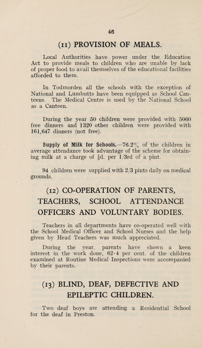 (ii) PROVISION OF MEALS. lyocal Authorities have power under the Education Act to provide meals to children who are unable by lack of proper food to avail themselves of the educational facilities afforded to them. In Todmorden all the schools with the exception of National and Eumbutts have been equipped as School Can¬ teens. The Medical Centre is used by the National School as a Canteen. During the year 50 children were provided with 5060 free dinners and 1320 other children were provided with 161,647 dinners (not free). Supply of Milk for Schools.—76.2% of the children in average attendance took advantage of the scheme for obtain¬ ing milk at a charge of Jd. per l/3rd of a pint. 94 children were supplied with 2/3 pints daily on medical grounds. (I2) CO-OPERATION OF PARENTS, TEACHERS, SCHOOL ATTENDANCE OFFICERS AND VOLUNTARY BODIES. Teachers in all departments have co-operated well with the School Medical Officer and School Nurses and the help given by Head Teachers was much appreciated. During the year, parents have shown a keen interest in the work done, 62*4 per cent, of the children examined at Routine Medical Inspections were accompanied by their parents. (13) BLIND, DEAF, DEFECTIVE AND EPILEPTIC CHILDREN. Two deaf boys are attending a Residential School for the deaf in Preston.
