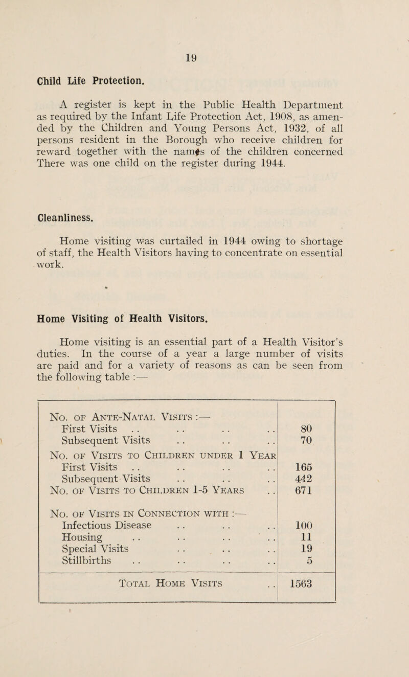 Child Life Protection. A register is kept in the Public Health Department as required by the Infant Life Protection Act, 1908, as amen¬ ded by the Children and Young Persons Act, 1932, of all persons resident in the Borough who receive children for reward together with the namfs of the children concerned There was one child on the register during 1944. Cleanliness. Home visiting was curtailed in 1944 owing to shortage of staff, the Health Visitors having to concentrate on essential work. Home Visiting of Health Visitors. Home visiting is an essential part of a Health Visitor’s duties. In the course of a year a large number of visits are paid and for a variety of reasons as can be seen from the following table : — No. of Ante-Natat Visits :— First Visits 80 Subsequent Visits 70 No. of Visits to Chitdren under 1 Year First Visits 165 Subsequent Visits 442 No. of Visits to Chitdren 1-5 Years 671 No. of Visits in Connection with :— Infectious Disease 100 Housing . . . . . . . . 11 Special Visits 19 Stillbirths 5 Totat Home Visits 1563 »