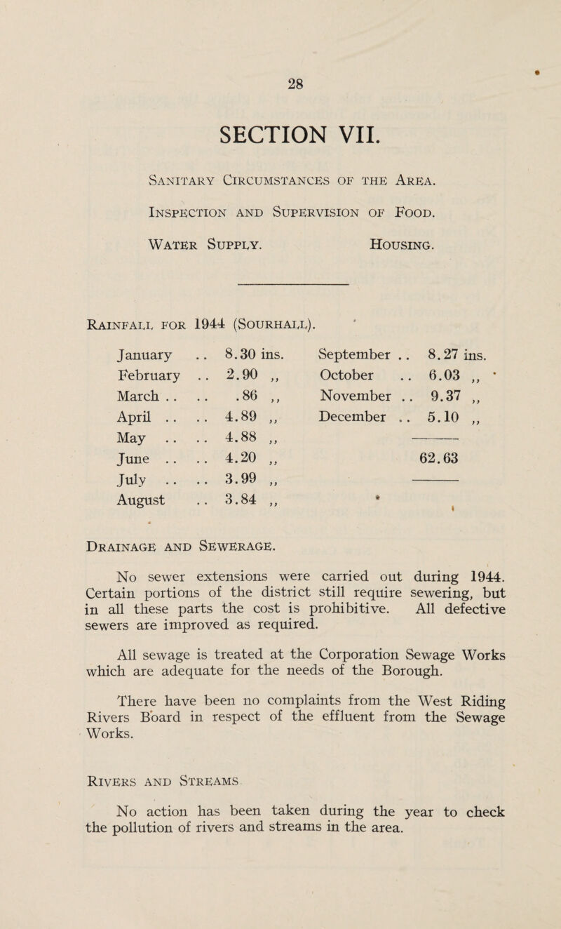 Sanitary Circumstances of the Area. Inspection and Supervision of Food. Water Suppey. Housing. Rainfall for 1944 (Sourhall). January • • 00 CO o ins. September .. 8.27 ins. February .. 2.90 y y October 6.03 „ March .. .86 y y November . . 9.37 „ April . . .. 4.89 y y December .. 5.10 „ May .. 4.88 y y June .. .. 4.20 y y 62.63 July .. .. 3.99 y y August .. 3.84 y y * t Drainage and Sewerage. No sewer extensions were carried out during 1944. Certain portions of the district still require sewering, but in all these parts the cost is prohibitive. All defective sewers are improved as required. All sewage is treated at the Corporation Sewage Works which are adequate for the needs of the Borough. There have been no complaints from the West Riding Rivers Board in respect of the effluent from the Sewage Works. Rivers and Streams No action has been taken during the year to check the pollution of rivers and streams in the area.