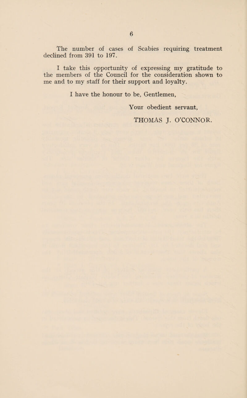 The number of cases of Scabies requiring treatment declined from 391 to 197. I take this opportunity of expressing my gratitude to the members of the Council for the consideration shown to me and to my staff for their support and loyalty. I have the honour to be, Gentlemen, Your obedient servant, THOMAS J. O'CONNOR.