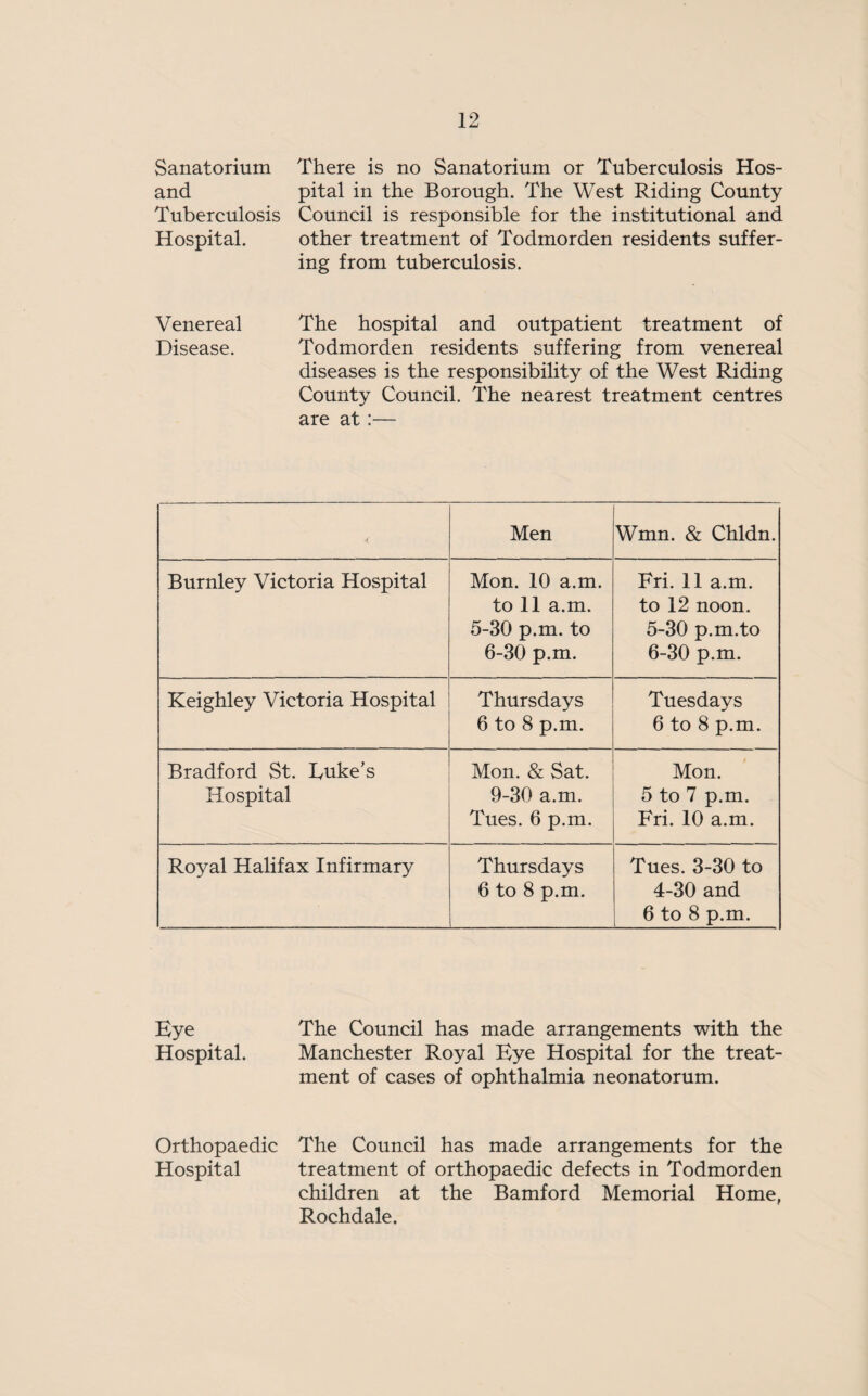 Sanatorium There is no Sanatorium or Tuberculosis Hos- and pital in the Borough. The West Riding County Tuberculosis Council is responsible for the institutional and Hospital. other treatment of Todmorden residents suffer¬ ing from tuberculosis. Venereal The hospital and outpatient treatment of Disease. Todmorden residents suffering from venereal diseases is the responsibility of the West Riding County Council. The nearest treatment centres are at:— < Men Wmn. & Chldn. Burnley Victoria Hospital Mon. 10 a.m. to 11 a.m. 5-30 p.m. to 6-30 p.m. Fri. 11 a.m. to 12 noon. 5- 30 p.m.to 6- 30 p.m. Keighley Victoria Hospital Thursdays 6 to 8 p.m. Tuesdays 6 to 8 p.m. Bradford St. Luke’s Hospital Mon. & Sat. 9-30 a.m. Tues. 6 p.m. Mon. 5 to 7 p.m. Fri. 10 a.m. Royal Halifax Infirmary Thursdays 6 to 8 p.m. Tues. 3-30 to 4-30 and 6 to 8 p.m. Eye The Council has made arrangements with the Hospital. Manchester Royal Eye Hospital for the treat¬ ment of cases of ophthalmia neonatorum. Orthopaedic The Council has made arrangements for the Hospital treatment of orthopaedic defects in Todmorden children at the Bamford Memorial Home, Rochdale.