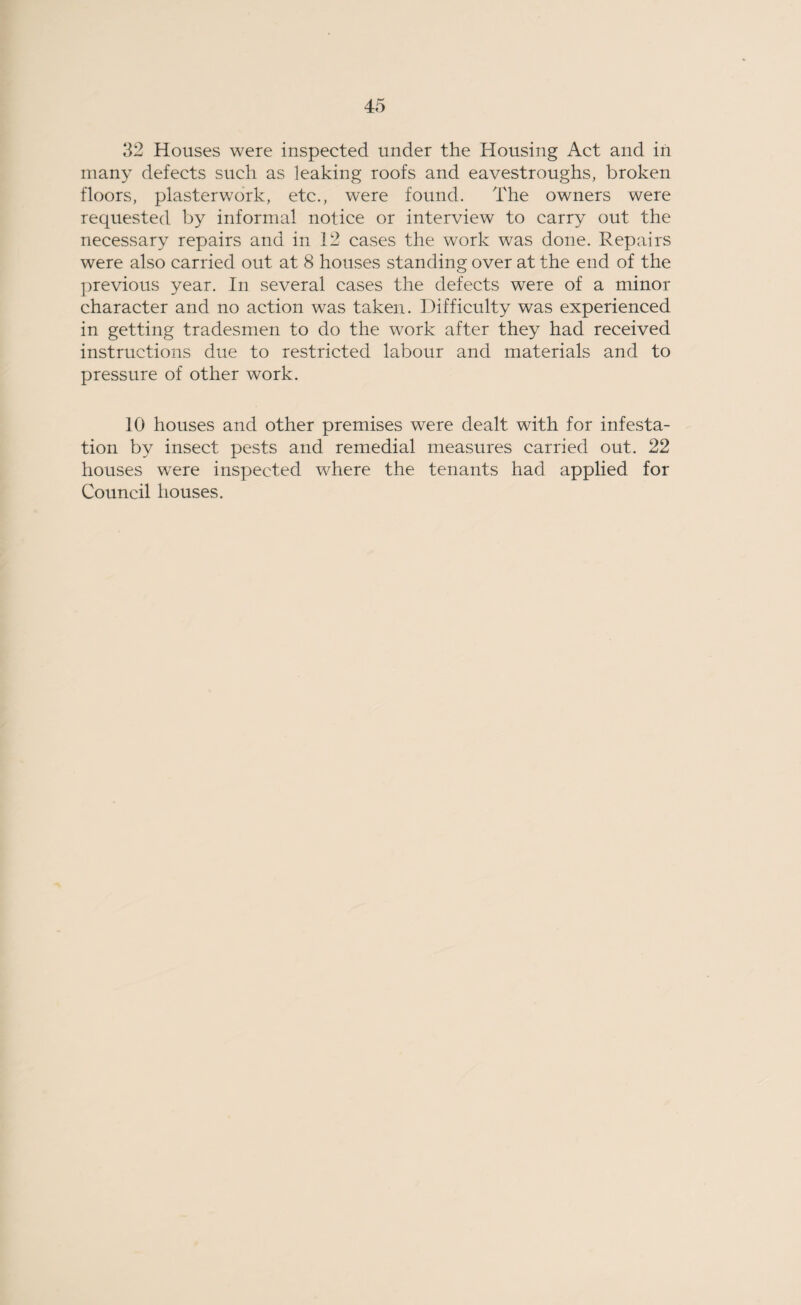 32 Houses were inspected under the Housing Act and in many defects such as leaking roofs and eavestroughs, broken floors, plasterwork, etc., were found. The owners were requested by informal notice or interview to carry out the necessary repairs and in 12 cases the work was done. Repairs were also carried out at 8 houses standing over at the end of the previous year. In several cases the defects were of a minor character and no action was taken. Difficulty was experienced in getting tradesmen to do the work after they had received instructions due to restricted labour and materials and to pressure of other work. 10 houses and other premises were dealt with for infesta¬ tion by insect pests and remedial measures carried out. 22 houses were inspected where the tenants had applied for Council houses.