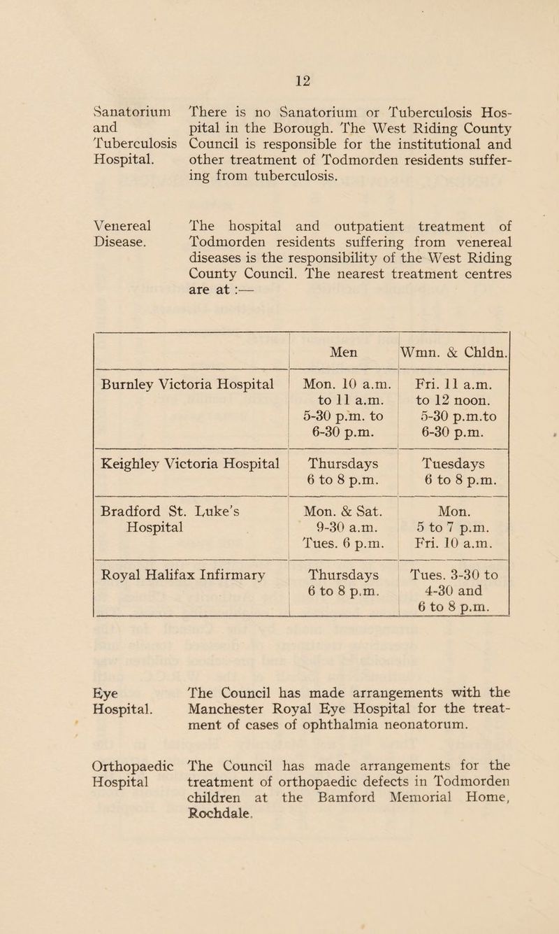 Sanatorium There is no Sanatorium or Tuberculosis Hos- and pital in the Borough. The West Riding County Tuberculosis Council is responsible for the institutional and Hospital. other treatment of Todmorden residents suffer¬ ing from tuberculosis. Venereal The hospital and outpatient treatment of Disease. Todmorden residents suffering from venereal diseases is the responsibility of the West Riding County Council. The nearest treatment centres are at:— Men ------ -- . . . Wmn. & Chldn. Burnley Victoria Hospital Mon. 10 a.m. to 11 a.m. 5-30 p.m. to 6-30 p.m. Fri. 11 a.m. to 12 noon. 5- 30 p.m.to 6- 30 p.m. Keighley Victoria Hospital Thursdays 6 to 8 p.m. Tuesdays 6 to 8 p.m. Bradford St. I/uke’s Hospital Mon. & Sat. 9-30 a.m. Tues. 6 p.m. Mon. 5 to 7 p.m. PVi. 10 a.m. Royal Halifax Infirmary Thursdays 6 to 8 p.m. ... . ..— Tues. 3-30 to 4-30 and 6 to 8 p.m. Eye The Council has made arrangements with the Hospital. Manchester Royal Eye Hospital for the treat¬ ment of cases of ophthalmia neonatorum. Orthopaedic The Council has made arrangements for the Hospital treatment of orthopaedic defects in Todmorden children at the Bamford Memorial Home, Rochdale