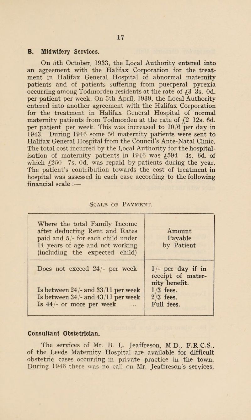 B. Midwifery Services. On 5th October, 1933, the Local Authority entered into an agreement with the Halifax Corporation for the treat¬ ment in Halifax General Hospital of abnormal maternity patients and of patients suffering from puerperal pyrexia occurring among Todmorden residents at the rate of £3 3s. Od. per patient per week. On 5th April, 1939, the Local Authority entered into another agreement with the Halifax Corporation for the treatment in Halifax General Hospital of normal maternity patients from Todmorden at the rate of £2 12s. 6d. per patient per week. This was increased to 10/6 per day in 1943. During 1946 some 56 maternity patients were sent to Halifax General Hospital from the Council’s Ante-Natal Clinic. The total cost incurred by the Local Authority for the hospital¬ isation of maternity patients in 1946 was £594 4s. 6d. of which £250 7s. Od. was repaid by patients during the year. The patient’s contribution towards the cost of treatment in hospital was assessed in each case according to the following financial scale :— Scale of Payment. Where the total Family Income after deducting Rent and Rates paid and 5/- for each child under 14 years of age and not working (including the expected child) Amount Payable by Patient Does not exceed 24/- per week Is between 24/- and 33/11 per week Is between 34 /- and 43/11 per week Is 44/- or more per week 1/- per day if in receipt of mater¬ nity benefit. 1/3 fees. 2/3 fees. Full fees. Consultant Obstetrician. The services of Mr. B. L. Jeaffreson, M.D., F.R.C.S., of the Leeds Maternity Hospital are available for difficult obstetric cases occurring in private practice in the town. During 1946 there was no call on Mr. Jeaffreson’s services.