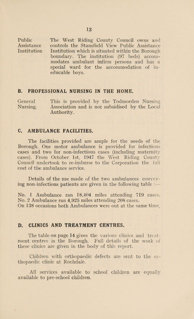 Public The West Riding County Council owns and Assistance controls the Stansfield View Public Assistance Institution Institution which is situated within the Borough boundary. The institution (97 beds) accom¬ modates ambulant infirm persons and has a special ward for the accommodation of in¬ educable boys. B. PROFESSIONAL NURSING IN THE HOME. General This is provided by the Todmorden Nursing Nursing. Association and is not subsidised by the Local Authority. C. AMBULANCE FACILITIES. The facilities provided are ample for the needs of the Borough. One motor ambulance is provided for infectious cases and two for non-infectious cases (including maternity cases). From October 1st, 1947 the West Riding County Council undertook to re-imburse to the Corporation the full cost of the ambulance service. Details of the use made of the two ambulances convey¬ ing non-infectious patients are given in the following table :— No. 1 Ambulance ran 18,404 miles attending 719 cases. No. 2 Ambulance ran 4,925 miles attending 208 cases. On 138 occasions both Ambulances were out at the same time. D. CLINICS AND TREATMENT CENTRES. The table on page 14 gives the various clinics and treat¬ ment centres in the Borough. Full details of the work of these clinics are given in the body of this report. Children with orthopaedic defects are sent to the or¬ thopaedic clinic at Rochdale. All services available to school children are equally available to pre-school children.
