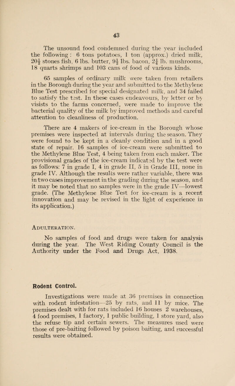 The unsound food condemned during the year included the following : 6 tons potatoes, 1 ton (approx.) dried milk, 20^ stones fish, 6 lbs. butter, 9J lbs. bacon, 2J lb. mushrooms, 18 quarts shrimps and 103 cans of food of various kinds. 65 samples of ordinary milk were taken from retailers in the Borough during the year and submitted to the Methylene Blue Test prescribed for special designated milk, and 34 failed to satisfy the test. In these cases endeavours, by letter or b> visists to the farms concerned, were made to improve the bacterial quality of the milk by improved methods and careful attention to cleanliness of production. There are 4 makers of ice-cream in the Borough whose premises were inspected at intervals during the season. They were found to be kept in a cleanly condition and in a good state of repair. 16 samples of ice-cream were submitted to the Methylene Blue Test, 4 being taken from each maker. The provisional grades of the ice-cream indicated by the test were as follows: 7 in grade I, 4 in grade II, 5 in Grade III, none in grade IV. Although the results were rather variable, there was in two cases improvement in the grading during the season, and it may be noted that no samples were in the grade IV—lowest grade. (The Methylene Blue Test for ice-cream is a recent innovation and may be revised in the light of experience in its application.) Adulteration. No samples of food and drugs were taken for analysis during the year. The West Riding County Council is the Authority under the Food and Drugs Act, 1938. Rodent Control. Investigations were made at 36 premises in connection with rodent infestation—25 by rats, and 11 by mice. The premises dealt with for rats included 16 houses 2 warehouses, 4 food premises, 1 factory, 1 public building, 1 store yard, also the refuse tip and certain sewers. The measures used were those of pre-baiting followed by poison baiting, and successful results were obtained.