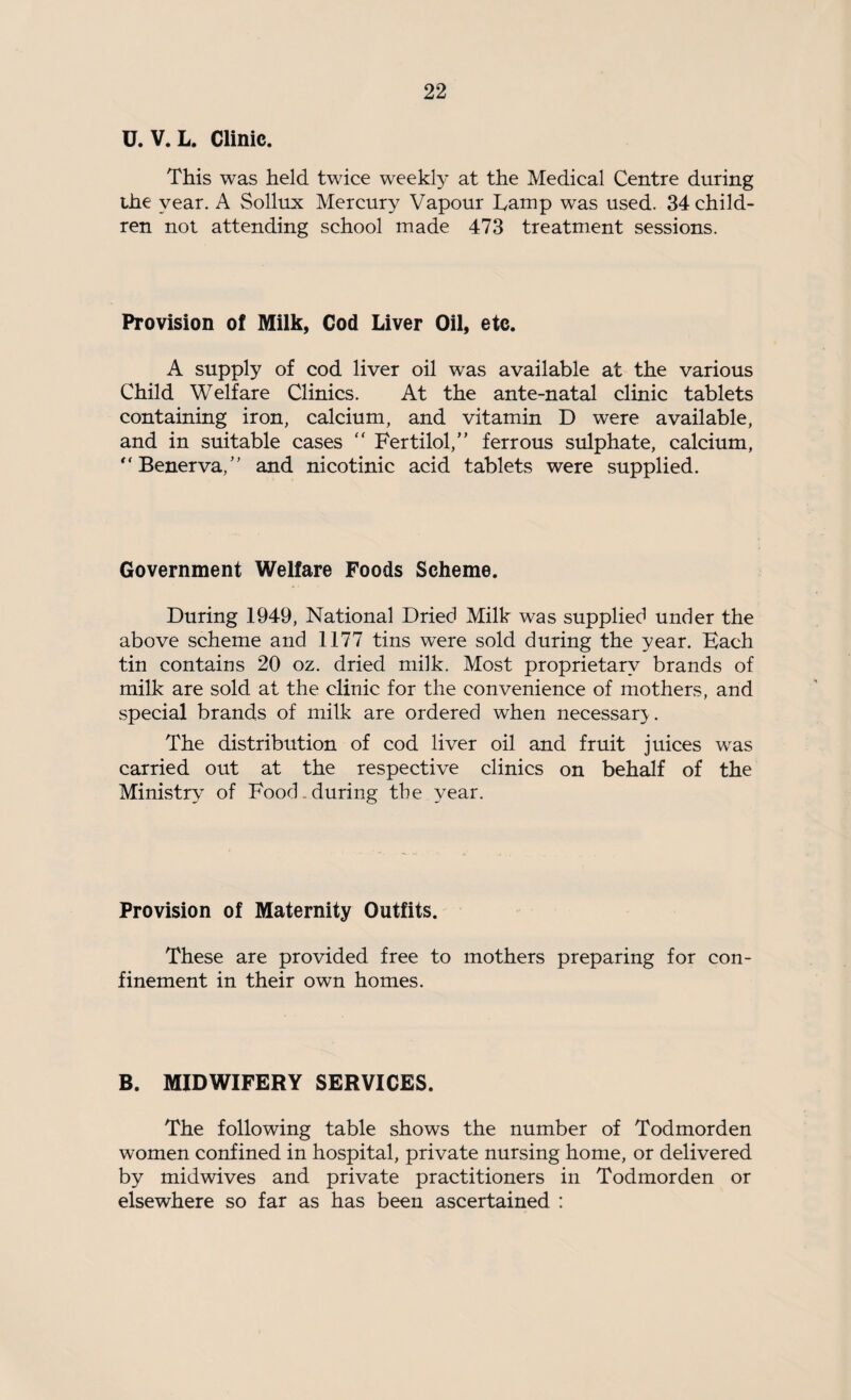 U. V.L. Clinic. This was held twice weekly at the Medical Centre during the year. A Sollux Mercury Vapour Lamp was used. 34 child¬ ren not attending school made 473 treatment sessions. Provision of Milk, Cod Liver Oil, etc. A supply of cod liver oil was available at the various Child Welfare Clinics. At the ante-natal clinic tablets containing iron, calcium, and vitamin D were available, and in suitable cases “ Fertilol,” ferrous sulphate, calcium, Benerva/' and nicotinic acid tablets were supplied. Government Welfare Foods Scheme. During 1949, National Dried Milk was supplied under the above scheme and 1177 tins were sold during the year. Each tin contains 20 oz. dried milk. Most proprietary brands of milk are sold at the clinic for the convenience of mothers, and special brands of milk are ordered when necessary. The distribution of cod liver oil and fruit juices was carried out at the respective clinics on behalf of the Ministry of Food , during the year. Provision of Maternity Outfits. These are provided free to mothers preparing for con¬ finement in their own homes. B. MIDWIFERY SERVICES. The following table shows the number of Todmorden women confined in hospital, private nursing home, or delivered by midwives and private practitioners in Todmorden or elsewhere so far as has been ascertained :
