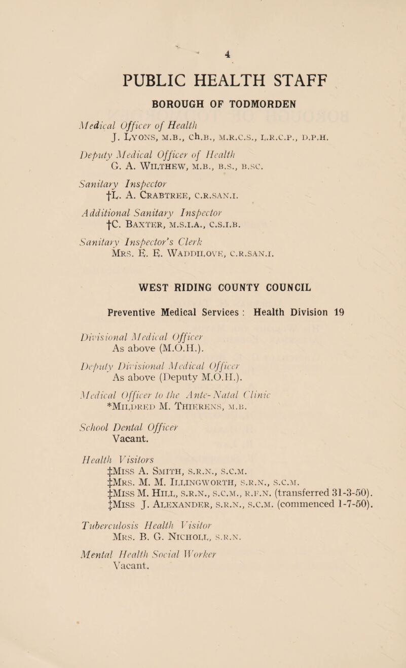 PUBLIC HEALTH STAFF BOROUGH OF TODMORDEN Medical Off icer of Health J. Lyons, m.b., ch.B, M.R.C.S., E.R.C.P., D.P.H. Deputy Medical Officer of Health G. A. WlETHEW, M.B., B.S., B.SC. Sanitary Inspector tt. A. Crabtree, c.r.san.i. Additional Sanitary Inspector tc. Baxter, m.s.i.a., c.s.i.b. Sanitary Inspectors Clerk Mrs. E. E. Waddieove, c.r.san.i. WEST RIDING COUNTY COUNCIL Preventive Medical Services : Health Division 19 Divisional Medical Officer As above (M.O.H.). Deputy Divisional Medical Officer As above (Deputy M.O.H.). Medical Officer to the Ante-Natal Clinic *Mirdred M. Thierens, m.b. School Dented Officer Vacant. Health Visitors :[:Miss A. Smith, s.r.n., s.c.m. £Mrs. M. M. Ieeing worth, s.r.n., s.c.m. :j:Miss M. Hite, s.r.n., s.c.m., r.e.n. (transferred 31-3-50). JMiSS J. Aeexander, s.r.n., s.c.m. (commenced 1-7-50). Tuberculosis Health Visitor Mrs. B. G. Nichoee, s.r.n. Mental Health Social Worker V aeant.