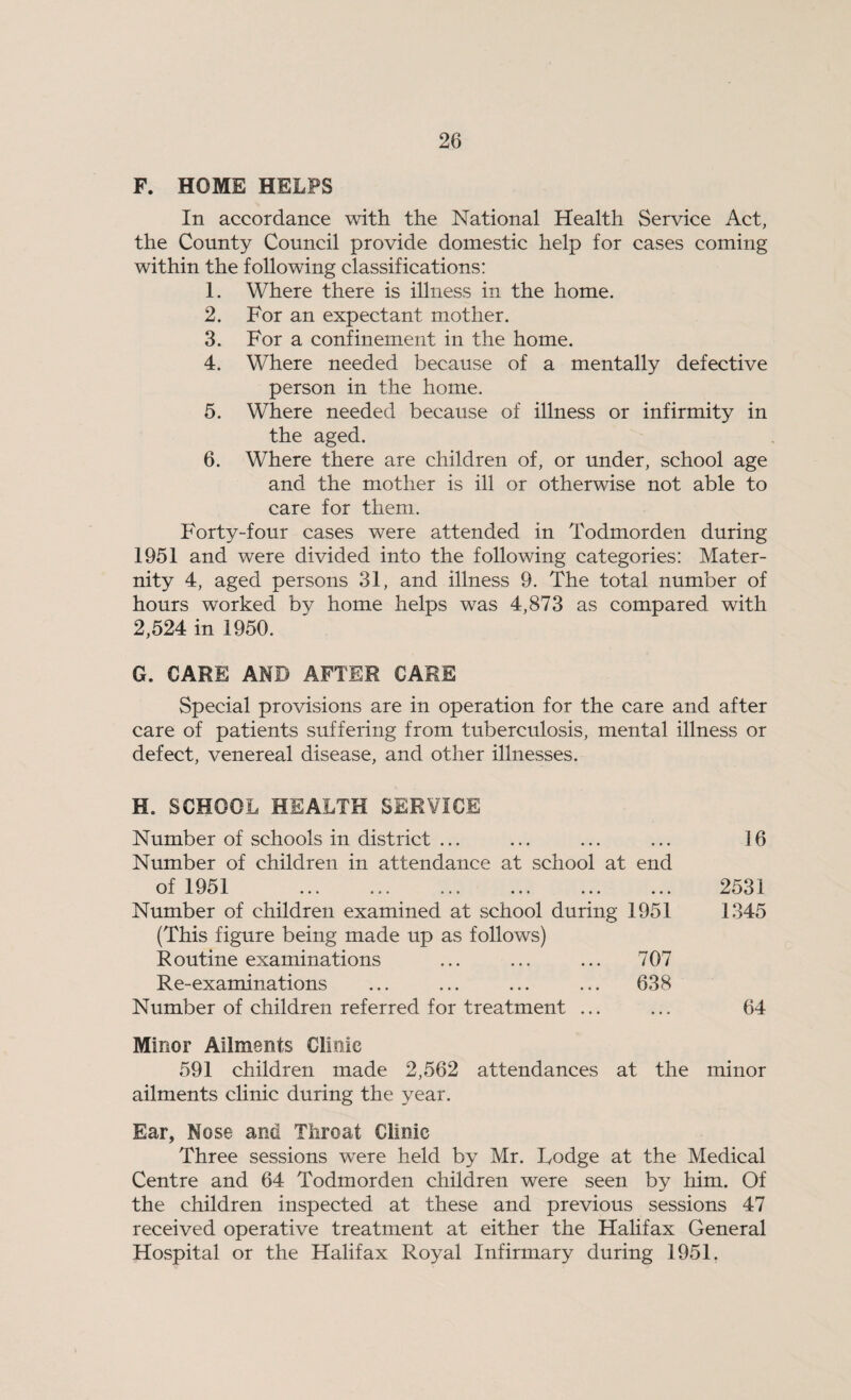F. HOME HELPS In accordance with the National Health Service Act, the County Council provide domestic help for cases coming within the following classifications: 1. Where there is illness in the home. 2. For an expectant mother. 3. For a confinement in the home. 4. Where needed because of a mentally defective person in the home. 5. Where needed because of illness or infirmity in the aged. 6. Where there are children of, or under, school age and the mother is ill or otherwise not able to care for them. Forty-four cases were attended in Todmorden during 1951 and were divided into the following categories: Mater¬ nity 4, aged persons 31, and illness 9. The total number of hours worked by home helps was 4,873 as compared with 2,524 in 1950. G. CARE AND AFTER CARE Special provisions are in operation for the care and after care of patients suffering from tuberculosis, mental illness or defect, venereal disease, and other illnesses. H. SCHOOL HEALTH SERVICE Number of schools in district ... Number of children in attendance at school at end of 1951 Number of children examined at school during 1951 (This figure being made up as follows) Routine examinations ... ... ... 707 Re-examinations ... ... ... ... 638 Number of children referred for treatment ... 16 2531 1.345 64 Minor Ailments Clinic 591 children made 2,562 attendances at the minor ailments clinic during the year. Ear, Nose and Throat Clinic Three sessions were held by Mr. Lodge at the Medical Centre and 64 Todmorden children were seen by him. Of the children inspected at these and previous sessions 47 received operative treatment at either the Hahfax General Hospital or the Halifax Royal Infirmary during 1951.