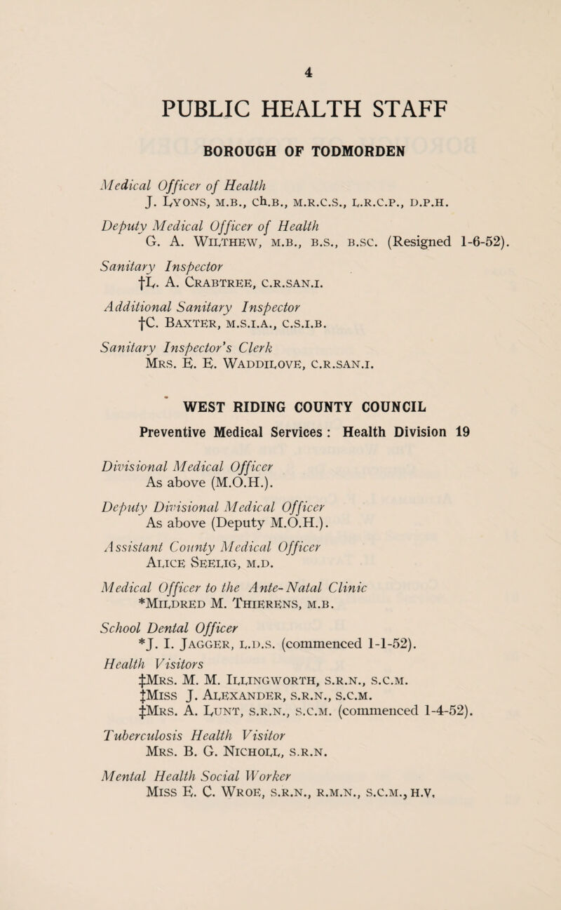 PUBLIC HEALTH STAFF BOROUGH OF TODMORDEN Medical Officer of Health J. I/YONS, M.B., Ch.B., M.R.C.S., E.R.C.P., D.P.H. Deputy Medical Officer of Health G. A. Wiethew, m.b., b.s., b.sc. (Resigned 1-6-52). Sanitary Inspector tv A. Crabtree, c.r.san.i. Additional Sanitary Inspector tc. Baxter, m.s.i.a., c.s.i.b. Sanitary Inspector*s Clerk Mrs. B. B. Waddieove, c.r.san.i. WEST RIDING COUNTY COUNCIL Preventive Medical Services : Health Division 19 Divisional Medical Officer As above (M.O.H.). Deputy Divisional Medical Officer As above (Deputy M.O.H.). Assistant County Medical Officer Aeice Seeeig, m.d. Medical Officer to the Ante-Natal Clinic *Miedred M. Thierens, m.b. School Dental Officer *J. I. Jagger, e.d.s. (commenced 1-1-52). Health Visitors ^Mrs. M. M. Ieeingworth, s.r.n., s.c.m. JMiss J. Aeexander, s.r.n., s.c.m. ^Mrs. A. Bunt, s.r.n., s.c.m. (commenced 1-4-52). Tuberculosis Health Visitor Mrs. B. G. Nichoee, s.r.n. Mental Health Social Worker Miss B. C. Wroe, s.r.n., r.m.n., s.c.m., h.v,