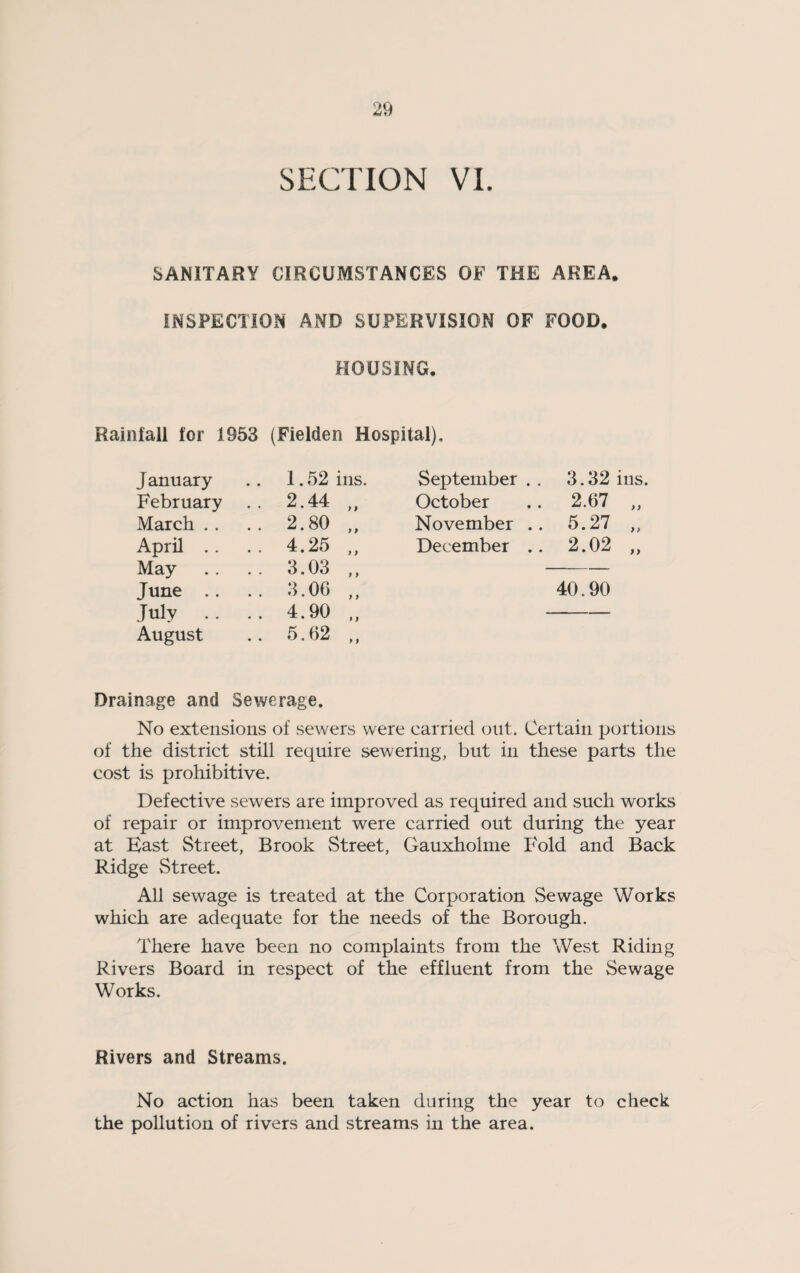 SECTION VL SANITARY CIRCUMSTANCES OF THE AREA. INSPECTION AND SUPERVISION OF FOOD. HOUSING. Rainfall for 1953 (Fielden Hospital), January 1.52 ins. September . . 3.32 ins. February .. 2.44 ; i October 2.67 „ March . . .. 2.80 y) November .. 5.27 „ April .. .. 4.25 y 9 December .. 2.02 „ May .. 3.03 9 9 — June .. .. 3.0G y y 40.90 July .. .. 4.90 • 9 August .. 5.62 > 9 Drainage and Sewerage. No extensions of sewers were carried out. Certain portions of the district still require sewering, but in these parts the cost is prohibitive. Defective sewers are improved as required and such works of repair or improvement were carried out during the year at East Street, Brook Street, Gauxholme Fold and Back Ridge Street. All sewage is treated at the Corporation Sewage Works which are adequate for the needs of the Borough. There have been no complaints from the West Riding Rivers Board in respect of the effluent from the Sewage Works. Rivers and Streams. No action has been taken daring the year to check the pollution of rivers and streams in the area.