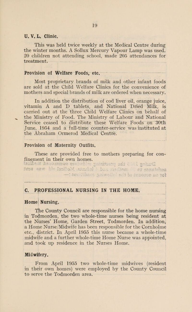 U. V. L. Clinic. This was held twice weekly at the Medical Centre during the winter months. A Sollux Mercury Vapour Tamp was used. 20 children not attending school, made 205 attendances for treatment. Provision of Welfare Foods, etc. Most proprietary brands of milk and other infant foods are sold at the Child Welfare Clinics for the convenience of mothers and special brands of milk are ordered when necessary. In addition the distribution of cod liver oil, orange juice, vitamin A and D tablets, and National Dried Milk, is carried out at the three Child Welfare Clinics on behalf of the Ministry of Food. The Ministry of Fabour and National Service ceased to distribute these Welfare Foods on 30th June, 1954 and a full-time counter-service was instituted at the Abraham Ormerod Medical Centre. i Provision of Maternity Outfits. These are provided free to mothers preparing for con¬ finement in their own homes. A.AI - c ite&ojsetiMi v-v A■; M -A ■m-ul.-pl ;.=1 ik . ■ A: ; v.. , ■. nm C if ; 'v':. V:, %U tW£H KKN3 C. PROFESSIONAL NURSING IN THE HOME. Home! Nursing. The County Council are responsible for the home nursing in Todmorden, the two whole-time nurses being resident at the Nurses’ Home, Garden Street, Todmorden. In addition, a Home Nurse/Midwife has been responsible for the Cornholme etc., district. In April 1955 this nurse became a whole-time midwife and a further whole-time Home Nurse was appointed, and took up residence in the Nurses Home. Midwifery. From April 1955 two whole-time midwives (resident in their own homes) were employed by the County Council to serve the Todmorden area.