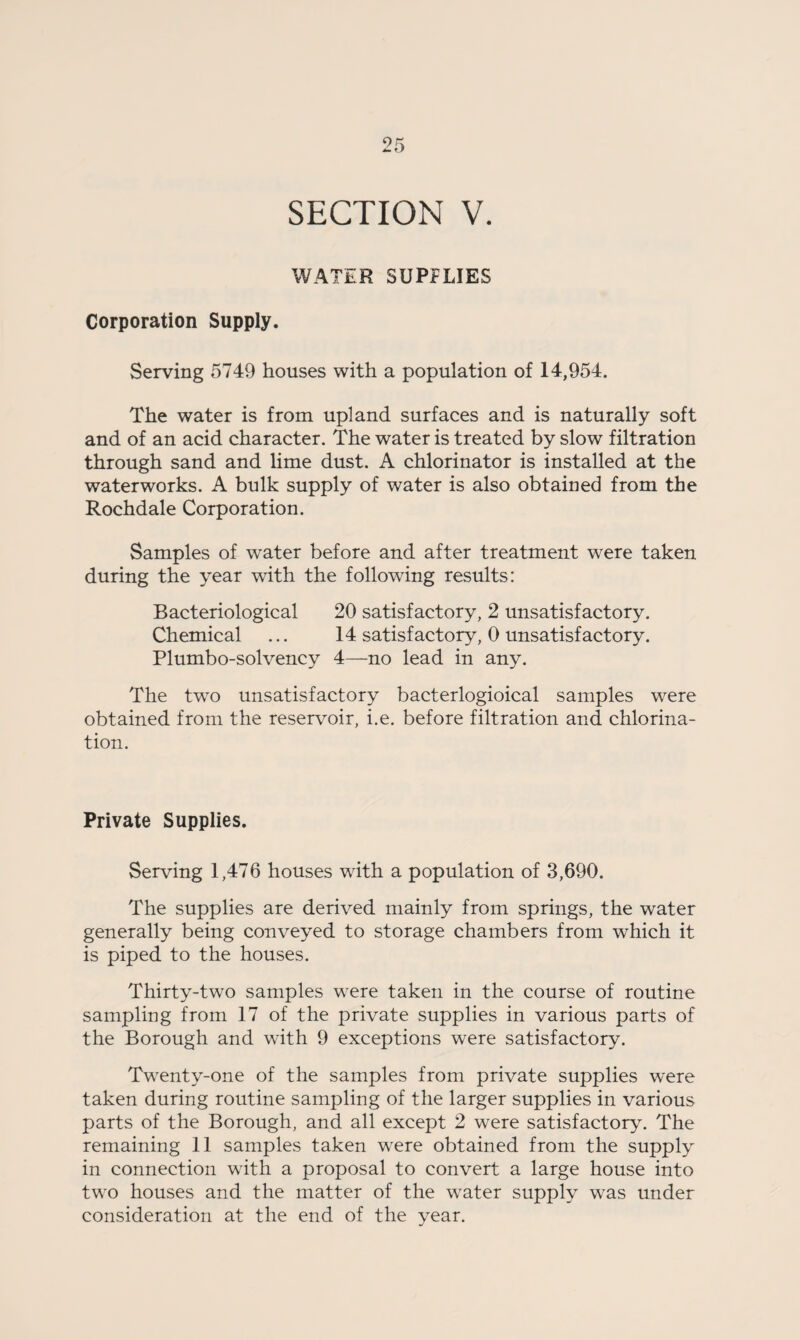 WATER SUPFLIES Corporation Supply. Serving 5749 houses with a population of 14,954. The water is from upland surfaces and is naturally soft and of an acid character. The water is treated by slow filtration through sand and lime dust. A chlorinator is installed at the waterworks. A bulk supply of water is also obtained from the Rochdale Corporation. Samples of water before and after treatment were taken during the year with the following results: Bacteriological 20 satisfactory, 2 unsatisfactory. Chemical ... 14 satisfactory, 0 unsatisfactory. Plumbo-solvency 4—no lead in any. The two unsatisfactory bacterlogioical samples were obtained from the reservoir, i.e. before filtration and chlorina¬ tion. Private Supplies. Serving 1,476 houses with a population of 3,690. The supplies are derived mainly from springs, the water generally being conveyed to storage chambers from which it is piped to the houses. Thirty-two samples were taken in the course of routine sampling from 17 of the private supplies in various parts of the Borough and with 9 exceptions were satisfactory. Twenty-one of the samples from private supplies were taken during routine sampling of the larger supplies in various parts of the Borough, and all except 2 were satisfactory. The remaining 11 samples taken were obtained from the supply in connection with a proposal to convert a large house into two houses and the matter of the water supply was under consideration at the end of the year.