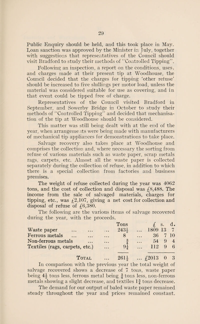Public Enquiry should be held, and this took place in May. Loan sanction was approved by the Minister in J uly, together with suggestions that representatives of the Council should visit Bradford to study their methods of “Controlled Tipping”. Following an inspection, a report on the conditions, uses, and charges made at their present tip at Woodhouse, the Council decided that the charges for tipping ‘other refuse’ should be increased to five shillings per motor load, unless the material was considered suitable for use as covering, and in that event could be tipped free of charge. Representatives of the Council visited Bradford in September, and Sowerby Bridge in October to study their methods of “Controlled Tipping” and decided that mechanisa¬ tion of the tip at Woodhouse should be considered. This matter was still being dealt with at the end of the year, when arrangements were being made with manufacturers of mechanical tip appliances for demonstrations to take place. Salvage recovery also takes place at Woodhouse and comprises the collection and, where necessary the sorting from refuse of various materials such as waste paper, scrap metals rags, carpets, etc. Almost all the waste paper is collected separately during the collection of refuse, in addition to which there is a special collection from factories and business premises. The weight of refuse collected during the year was 4062 tons, and the cost of collection and disposal was £8,488. The income from the sale of salvaged materials, charges for tipping, etc., was £2,107, giving a net cost for collection and disposal of refuse of £6,380. The following are the various items of salvage recovered during the year, with the proceeds. Tons £ s. d. Waste paper ... 243J ... 1809 13 7 Ferrous metals ... 8 36 7 10 Non-ferrous metals 3 ... 54 9 4 Textiles (rags, carpets, etc.) 9f ... 112 9 6 Total ... 261J ... £2013 0 3 In comparison with the previous year the total weight of salvage recovered shows a decrease of 7 tons, waste paper being 4| tons less, ferrous metal being J tons less, non-ferrous metals showing a slight decrease, and textiles If tons decrease. The demand for our output of baled waste paper remained steady throughout the year and prices remained constant.