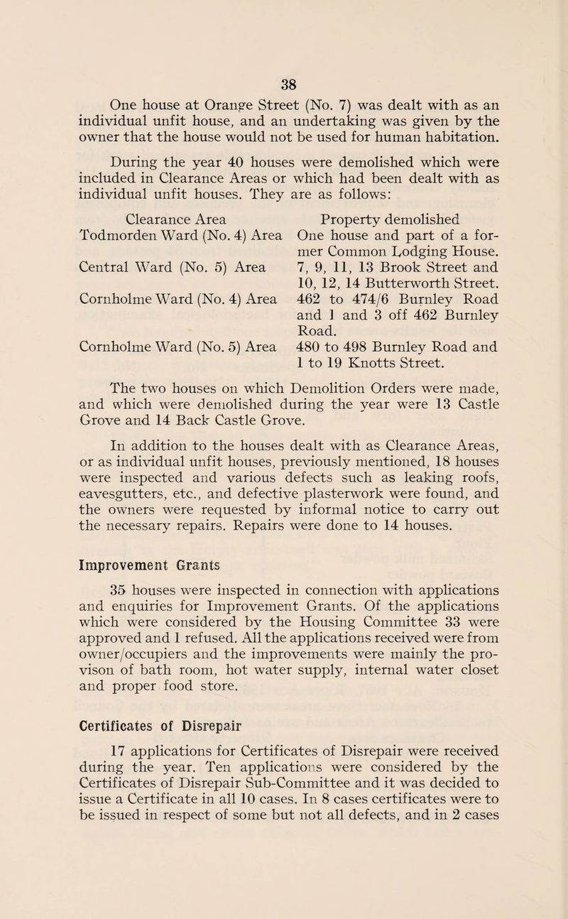 One house at Orange Street (No. 7) was dealt with as an individual unfit house, and an undertaking was given by the owner that the house would not be used for human habitation. During the year 40 houses were demolished which were included in Clearance Areas or which had been dealt with as individual unfit houses. They are as follows: Clearance Area Todmorden Ward (No. 4) Area Central Ward (No. 5) Area Cornholme Ward (No. 4) Area Cornholme Ward (No. 5) Area Property demolished One house and part of a for¬ mer Common Lodging House. 7, 9, 11, 13 Brook Street and 10, 12, 14 Butterworth Street. 462 to 474/6 Burnley Road and 1 and 3 off 462 Burnley Road. 480 to 498 Burnley Road and 1 to 19 Knotts Street. The two houses on which Demolition Orders were made, and which were demolished during the year were 13 Castle Grove and 14 Back Castle Grove. In addition to the houses dealt with as Clearance Areas, or as individual unfit houses, previously mentioned, 18 houses were inspected and various defects such as leaking roofs, eavesgutters, etc., and defective plasterwork were found, and the owners were requested by informal notice to carry out the necessary repairs. Repairs were done to 14 houses. Improvement Grants 35 houses were inspected in connection with applications and enquiries for Improvement Grants. Of the applications which were considered by the Housing Committee 33 were approved and 1 refused. All the applications received were from owner/occupiers and the improvements were mainly the pro- vison of bath room, hot water supply, internal water closet and proper food store. Certificates of Disrepair 17 applications for Certificates of Disrepair were received during the year. Ten applications were considered by the Certificates of Disrepair Sub-Committee and it was decided to issue a Certificate in all 10 cases. In 8 cases certificates were to be issued in respect of some but not all defects, and in 2 cases