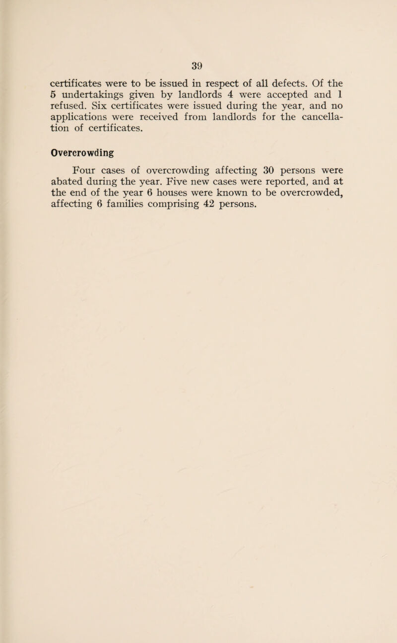 certificates were to be issued in respect of all defects. Of the 5 undertakings given by landlords 4 were accepted and 1 refused. Six certificates were issued during the year, and no applications were received from landlords for the cancella¬ tion of certificates. Overcrowding Four cases of overcrowding affecting 30 persons were abated during the year. Five new cases were reported, and at the end of the year 6 houses were known to be overcrowded, affecting 6 families comprising 42 persons.