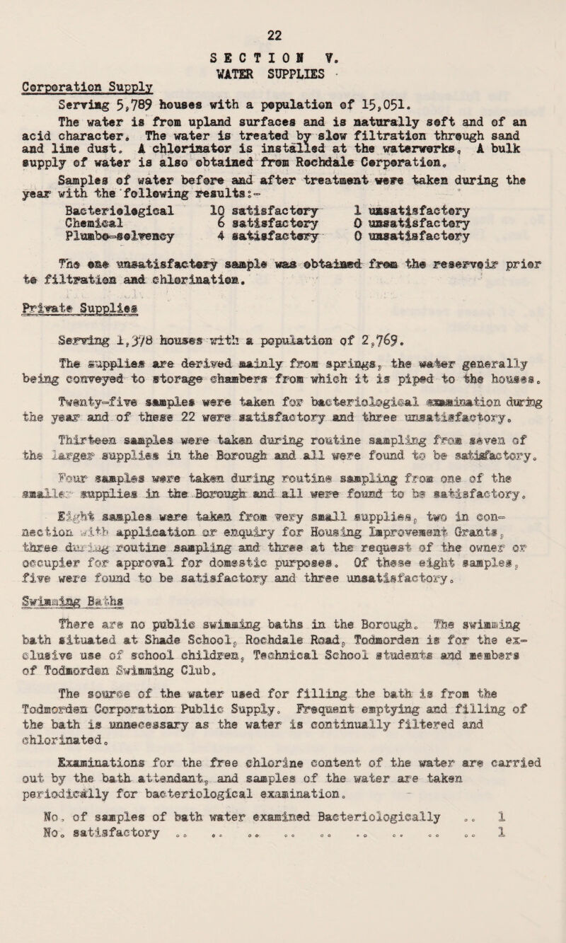 SECTION V. WATER SUPPLIES • Corporation Supply Serving 5S789 houses with a population of 15*051. The water is from upland surfaces and is naturally soft and of an acid character. The water is treated bv slow filtration through sand and lime dust. A chlorinetor is installed at the waterworks, A bulk supply of water is also obtained from Rochdale Corporation. Samples of water before and after treatment were taken during the year with the following resultsj- Bacteriological 10 satisfactory 1 unsatisfactory Chemical 6 satisfactory 0 unsatisfactory P lumbers © Ive ncy 4 satisfactory 0 unsatisfactory Th® ©me unsatisfactory sample ms obtained fro© the reservoir prior he filtration and chlorination. Private Supplies Serving 1,^/B houses with a population of 2*769. The supplies are derived- mainly fro® springs* the water generally being conveyed to storage chambers from which it is piped to the houses. Twenty-five samples were taken for bacteriological estimation during the year and.of these 22 were satisfactory and three unsatisfactory. Thirteen samples were taken during routine sampling from govern of the larger supplies in the Borough and all were found to be satisfactory. Four samples wtre taken during routine sampling from one of the smaller supplies in the Borough and .all were found to bs satisfactory. Eight samples ware taken from very small supplies ? two in. con¬ nection with application or enquiry for Housing Improvement Grants* three during routine sampling and three at the request of the owner or occupier for approval for domestic purposes. Of these eight sample!* five were found to b@ satisfactory and three unsatisfactory, Swimiaiag Baths Thsre are no public swimming baths in the Borough. The swimming bath situated at Shade School* Rochdale Road* Tadaorden is for the ex¬ clusive me of school children, Technical School students and members of Todmorden Swimming Club. The source of the water used for filling the bath’ is from the Todmorden Corporation Public Supply, Frequent emptying and filling of the bath is unnecessary as the water is continually filtered and chlorinated, Examinations for the free chlorine content of the water are carried out by the bath attendant* and samples of the water are taken periodically for bacteriological examination. No, of samples of bath water examined Baeteriologieally „. 1 No o su tisf uo fcory o o .. o. oo o. ® o o® «<> .. 1