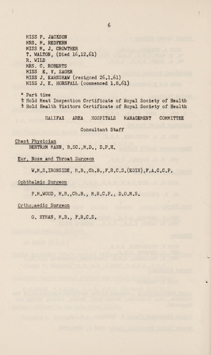 I MISS P. JACKSON MRS. M, REDFERN MISS K. J. CROWTHER T. WALTON, (Died l6.12.6l) R. WILD MRS. C. ROBERTS MISS E. V, SAGER MISS J. EARNSHAW (resigned 26.1.61) MISS J, E, HORSFALL (commenced 1.8,6l) ^ Part time t Hold Meat Inspection Certificate of Royal Society of Health i Hold Health Fisitors Certificate of Royal Society of Health HALIFAX AREA HOSPITALS MANAGEMENT COMMITTEE Consultant Staff Chest Physician BERTR.5M MANN, B.SC.,M.D,, D.P.H, Ear. Nose and Throat Surgeon W.M.S.IRONSIDE, H.B.,Ch.B.sF.R.C.S.(EDIN)sF.A.C.C.P. Ophthalmic Surgeon P.M.WOOD, M.B.,Ch.B,, M.R.C.P,, D.O.M.S. Orthopaedic Surgeon G. HYMAN, M.B., F.R.C.S.