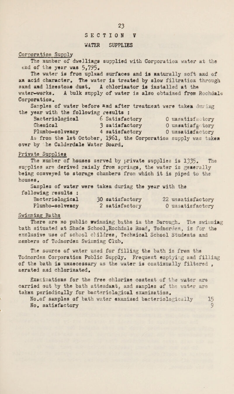 SECTION V WATER SUPPLIES CornoratioK Supply The aiL'ober of dwellings supplied vjith Corporation water at the eKd of the year was The water is from upland surfaces and is naturally soft ajad of an acid character. The water is treated by slow filtration through aand and limeston# dust, A chlorinator is installed at the vrater-works. A bulk supply of water is also obtained frain Rochdale Corporation. Sanples of water before a^d after treatment were taken the year with the following r'esults : Bacteriological 6 Satisfactory 0 unsati$f«i:;tory Chemical 3 satisfactory 0 us3atisf|' tory Plurabo-solveacy 4 satisfactory 0 uasatisfaetory As from the 1st October, 19^1 j, the Corporation supply was taken over by he Calderdale Water Board, Private Supplies The number of houses served by private supplies is 1335* The supplies are derived mainly from spriags, the water is gsntraily being conveyed t© storsige chambers from which it is piped to the houses. Samples of water were taken during the year with the following results ; Bacteriological 30 satisfactory 22 ubsatisfactory Plumba-solvency 2 satisfactory 0 unsatisfactory Swimming Baths There are no public swimming baths in the Borough. The swiiiiming bath situated at Shade School,Rochdale Hoad, TodmordeH, ig for the exclusive use of school clildreB, Technical School Students aad members of Todmorden Swiiiimisg Club, The source of water used for filling the bath is frm t'm Tedmorden Corporation Public Supply, Frequent emptyi-'g aad filling of the bath ia xmneoessary as the water is continually filtsred , aerated chlorinated, Ezexiuatiens for the free chlorine content of the wat«r carried out by the bath attendant, aad samples of the wat^r ai'e taken periodically for bacteriological examiaatioa, No.ef samples of bath water examined bacteriologic*i3.y 15 No, satisfactory 9