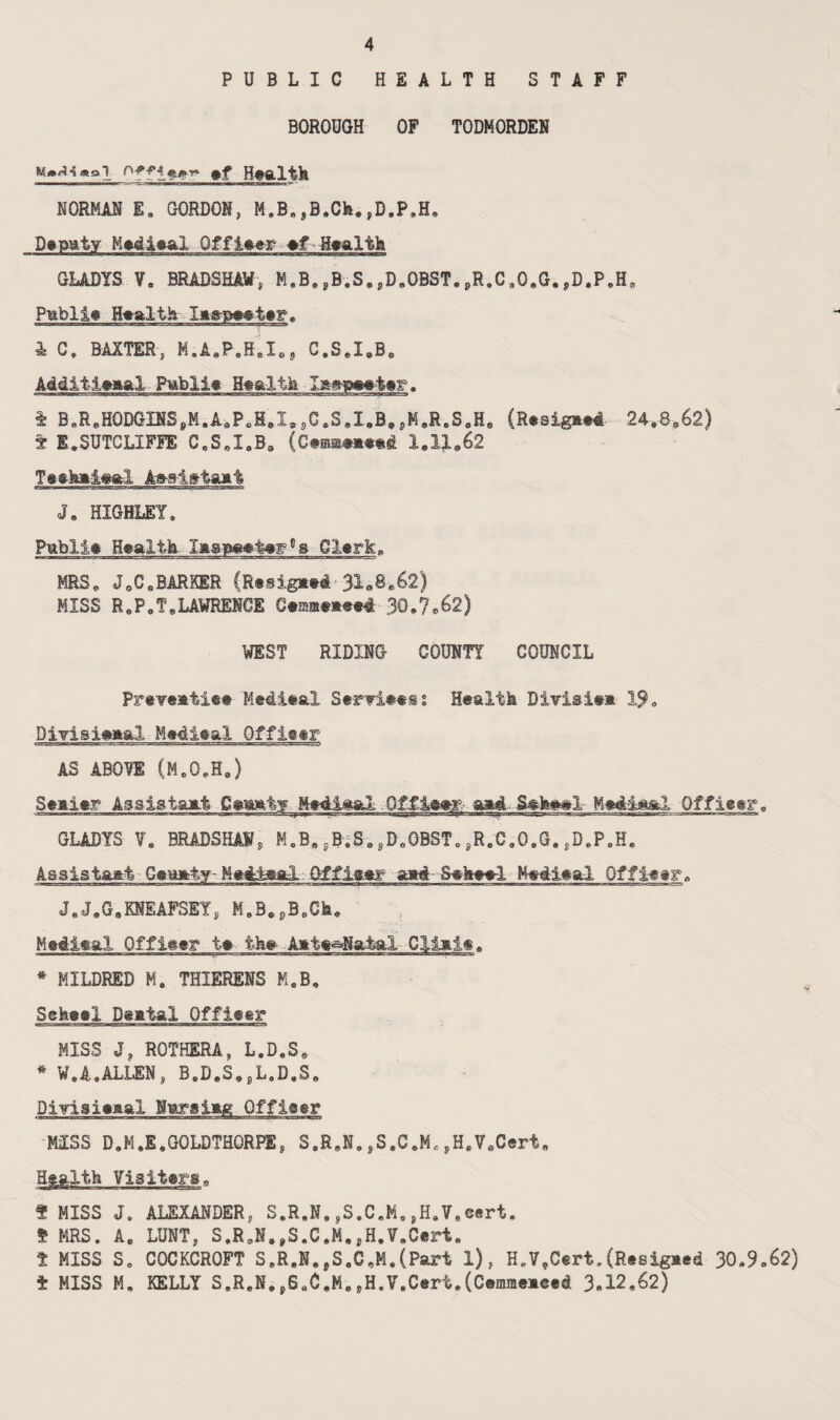 PUBLIC HEALTH STAFF BOROUGH OF TODMORDEN »f Health NORMAN E. GORDON, M.B,,B,Cfe.,D,P,H, Deputy Hedieal Officer »f Haalth GLADYS V, BRADSHAW, M.B,sB.S.,DaOBST.PR.C,O.G.pD.P,Ha Pmbljg Health la&peeteg, 1 C. BAXTER, M.AeP,HsIe!) C.S,I,B0 Addiileaai Pmblie Health Ia#ps«4»g>, £ BBReH0DGINSPM.A9PoHoI3SGsSsX*B*pMeRoSeH9 (Resigaei- 24,8,62) X E,SUTCLIFFE C0S,I8B, (Gmmmmmd 1,11*62 Teshalsal Aa-aista&t J. HIGHLIT, Pmblie Health. laapa&tegc a Clerk, MRS, JaCeBARKER (Rtsigaed31.8.62) MISS R0P,T,LAWRENCE Cemaeaeed 30,7*62) WEST RIDING COUNT! COUNCIL Preyeatite Medieal Servicess Health Diyi&iea 19, PiTisinaal Medieal Officer AS ABOVE (MeQ,Ha) Sealer Assistant Gematy Metllaal Q£ffie»r- aad g$htM»I Med-l&ftI Of fleer, GLADYS V, BRADSHAW j, M,Be pB;S,pDe0BSTo PR.C0O.G. pD,P.H. Assista&t Ceuaty- Medl&al. Offiaar aad S#h»»l Medieal Off log, J,J,GsKNEAFSEY, M0BepB,Ch, Medical Officer t» the -Aata^aial Cllait, * MILDRED Me THIERENS M,B, Seheel DeataX Offieer MISS J, ROTHERA, L.D.S, s W.A,ALIEN, BeD.Sa,L0D,S, PiTisiaaal Narsiag Officer MSS D.H,E,GQLDTHORPE, S,R,N0 PS.C,M„ ,HeV.,Cert„ Health Visliars, f MISS J. ALEXANDER, S.R.N,,S.C„M,,H,V8cert. * MRS. A, LUNT, S.R.N,PS.C,M.PH.V.Cert. 1 MISS S, COCKCROFT S.R.N.pS0C,M.(Part 1), H„V,Cert.(Reeigaed 30.9,62) i MISS M. KELLY S(,ReN,p6t,C,M0 „H.V.Ceri.(Cemmeaetd 3*12,62)