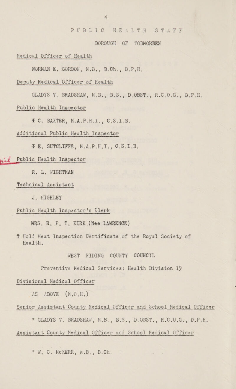 PUBLIC HEALTH STAFF BOROUGH OF TODMORSEN Mgdio&l Officer of Health NORMM E, GORDON, M.B., B.Ch,, D.P.H, Daputy Rtdical Officer of Health GLADYS Y, BRADSHAW, K,B., B.3,, D,OBST,, R.C.O.G,, D,P.H, Public Health Inspgctor i C, BAXTER, M.A.P.H,!., C.Sa,B, Additional Public Health Insp@ctor -1 E, SUTCLIFFE, M,A.P.H,I,, public Haalth Inspector R, L, WIGHTMAN Taehnical Assistant J, HIGHLEY Public Ijiaalth Inspactor’g Clark MBS, R, P. T, KIRK.(H®a LAWBEHCE) f Hold Heat Inspection Gsrtifica.ts of the Royal Society of Health. ■'WEST RIDING COUNTY COUNCIL Preventive Medical Services: Health Division 19 Divlsiontl Medical Officer AS ABOVE (M.OJi,) Senior Assistant County Medical Officer .and School .Medical Officer * GLADYS Y. BRADSHAW, K,B,, B.S., D.OBST., R.C.O.G., D.P,H. Assistant County Medical Officer and School Medical Offict»r *■ W. C. McKERR, W.B., B.Ch.