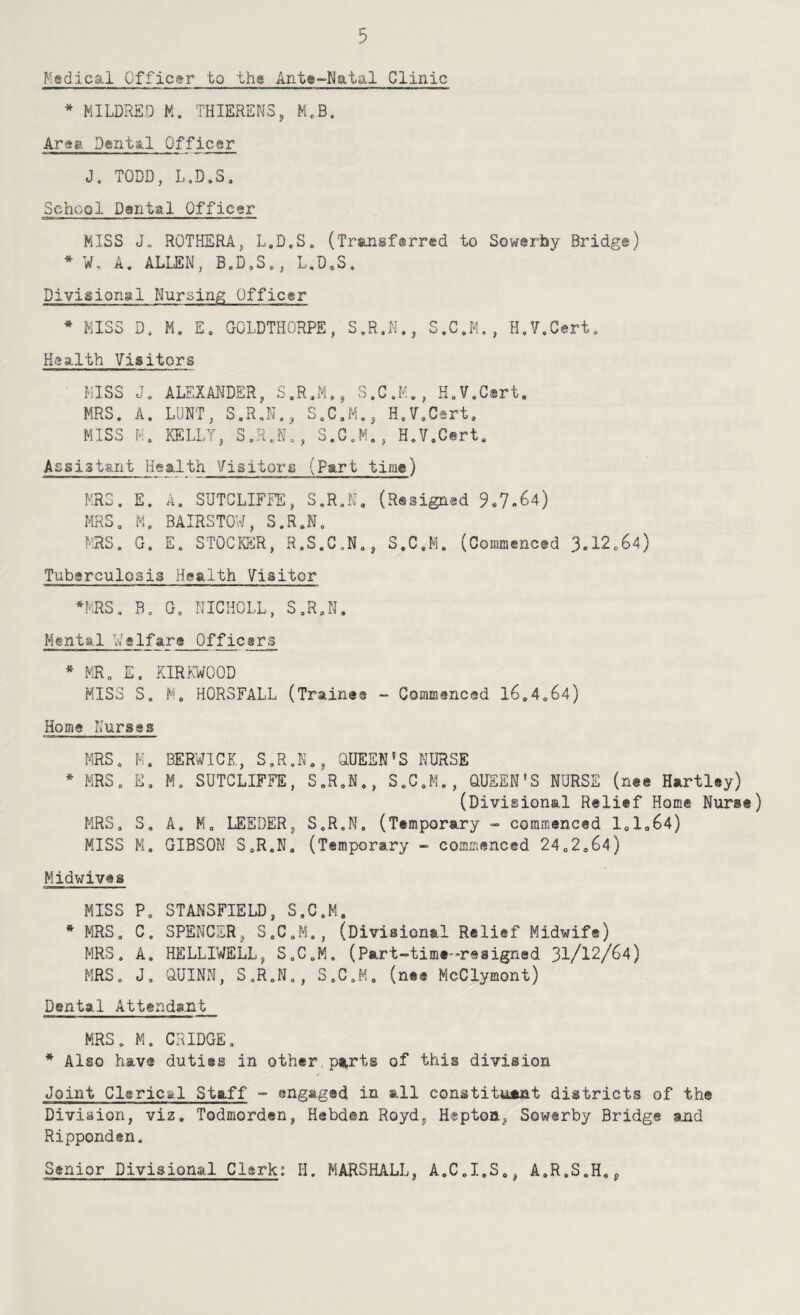 Medical Officer bo the Ante-Natal Clinic * ^aLDRED K. THIERENSj M,B. Area Dental Officer J. TODD, L,D.S, School Dantal Officer MISS J. ROTHERA, L.D,S, (Trsmsftrred to Sowerfay Bridge) * V. A. ALLEN, B.D,S., L.D* *S. Divisional Nursing Officer * MISS D, M. E, GOLDTHORPE, S,R,N., S»C,M., H.?.Cert, Health Visitors MISS J, MRS. A. MISS M. ALEXANDER, S.R.M., S.G.K., H.V.Csrt, LUNT, S,R,N., S.C.M,, H.V.Csrt, KELLY, S.R.N., S.G.M,, H.V.Cert. Assistant Health Visitors (part time) MRS. E. A, SUTCLIFFE, S.R.K, (Resigned 9,7-64) MRS. M. BAIRSTOW, S.R.N. F:RS. G. E. STOCKER, H.S.C.N., S.C.M. (CoEunenced 3.12.64) Tuberculosis Health Visitor *MRS. B. G. NICHOLL, S.R.N. Mental Welfare Officers * MR. E, KIRKWOOD MISS S, M. HORSFALL (Trainee - Gommancad 16.4.64) Home Nurses MRS. M. * MRS. E. MRS. S, MISS M, BERWICK, S.R.N., ODEEN’S NURSE M. SUTCLIFFE, S.R.N., S.C.K., QUEEN'S NURSE (nee Hartley) (Divisional Relief Homt Nurse) A, M. LEEDER, S.R.N, (Temporary - commenced 1.1.64) GIBSON S.R.N, (Temporary - commenced 24.2.64) Midwives MISS P. STAiNSFIELD, S.C.M. * MRS. C, SPENCER, S.C.M., (Divisional Relief Midwife) MRS. A. HELLIWELL, S.C.M. (Part-time^-resigned 31/12/64) MRS. J. QUINN, S.R.N., S.C.M. (nee McClymont) Dental Attendant MRS. M. CRIDGE, * Also have duties in other,parts of this division Joint Clerical Staff - engaged in all constituent districts of the Division, viz. Todmorden, Hebden Royd^ Hepton, Sowerby Bridge and Ripponden. Senior Divisional Clark: H. MARSHALL, A.C.I.S,, A.R.S.H.^