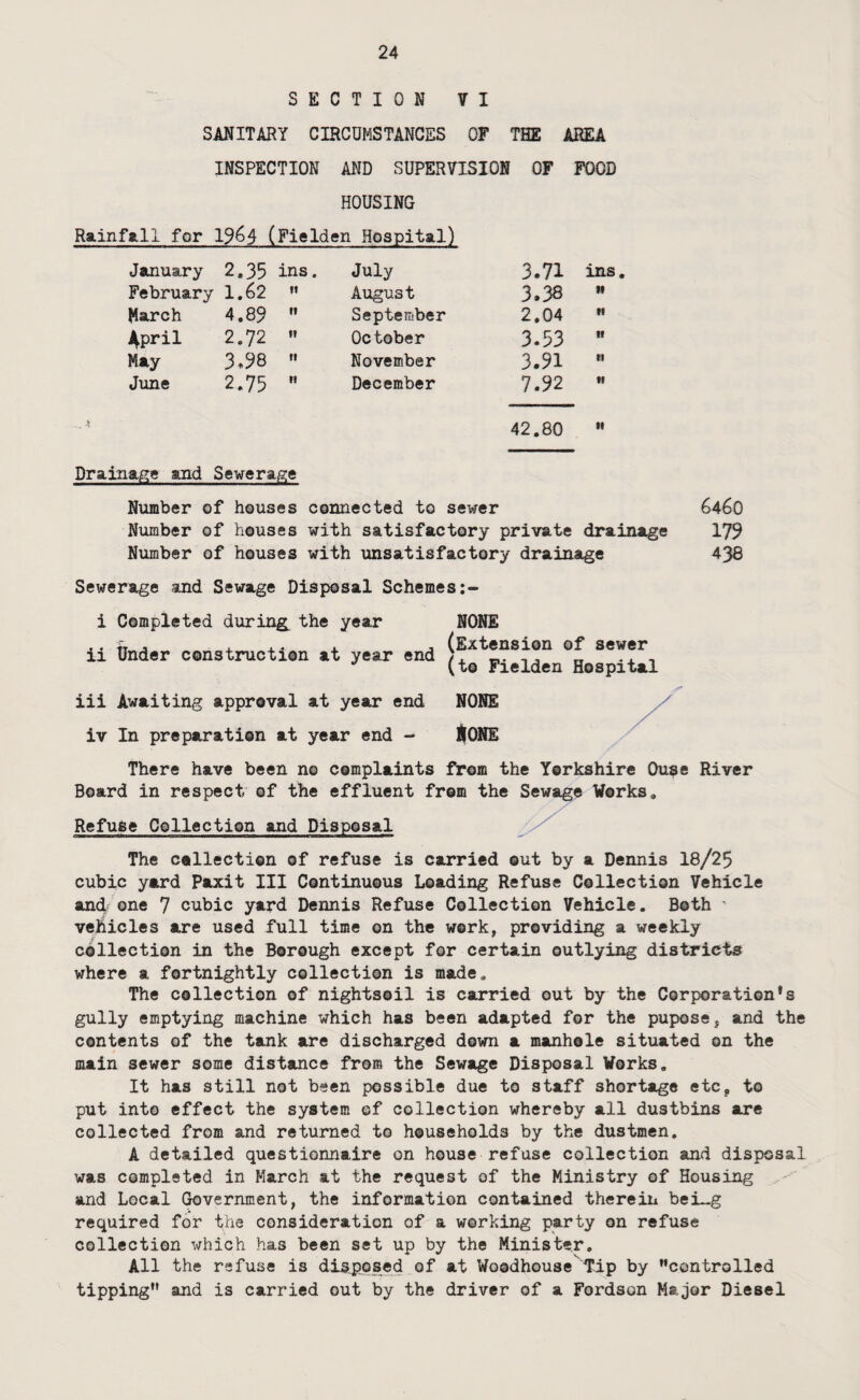 SECTION VI SANITARY CIRCUMSTANCES OF THE AREA INSPECTION AND SUPERVISION OF FOOD HOUSING Rainf^ll for 19^4 (Fielden Hospital) January 2.35 ins. July 3.71 ins February 1.62 M August 3.38 n March 4.89 II September 2,04 n April 2.72 11 October 3.53 n May 3,98 II November 3.91 11 June 2.75 I! December 7.92 ti 42.80 It Drainage and Sewerage Number of houses connected to sewer 6460 Number of houses with satisfactory private drainage 179 Number of houses with unsatisfactory drainage 438 Sewerage and Sewage Disposal Schemes i Completed during^ the year NONE ii Under construction at year end (to Fielden Hospital iii Awaiting approval at year end NONE / iv In preparation at year end - ^ONE There have been no complaints from the Yorkshire Ouse River Board in respect of the effluent from the Sewage Works, Refuse Collection and Disposal The collection of refuse is carried out by a Dennis 18/25 cubic yard Paxit III Continuous Loading Refuse Collection Vehicle and one 7 cubic yard Dennis Refuse Collection Vehicle, Both ’ vehicles are used full time on the work, providing a weekly collection in the Borough except for certain outlying districts where a fortnightly collection is made. The collection of nightsoil is carried out by the Corporation's gully emptying machine which has been adapted for the pupose, and the contents of the tank are discharged down a manhole situated on the main sewer some distance from the Sewage Disposal Works. It has still not been possible due to staff shortage etc, to put into effect the system of collection whereby all dustbins are collected from and returned to households by the dustmen. A detailed questionnaire on house refuse collection and disposal was completed in March at the request of the Ministry of Housing ' and Local (^vernment, the information contained therein bei-g required for the consideration of a working party on refuse collection which has been set up by the Minister. All the refuse is disposed of at Woodhouse Tap by controlled tipping and is carried out by the driver of a Fordson Major Diesel
