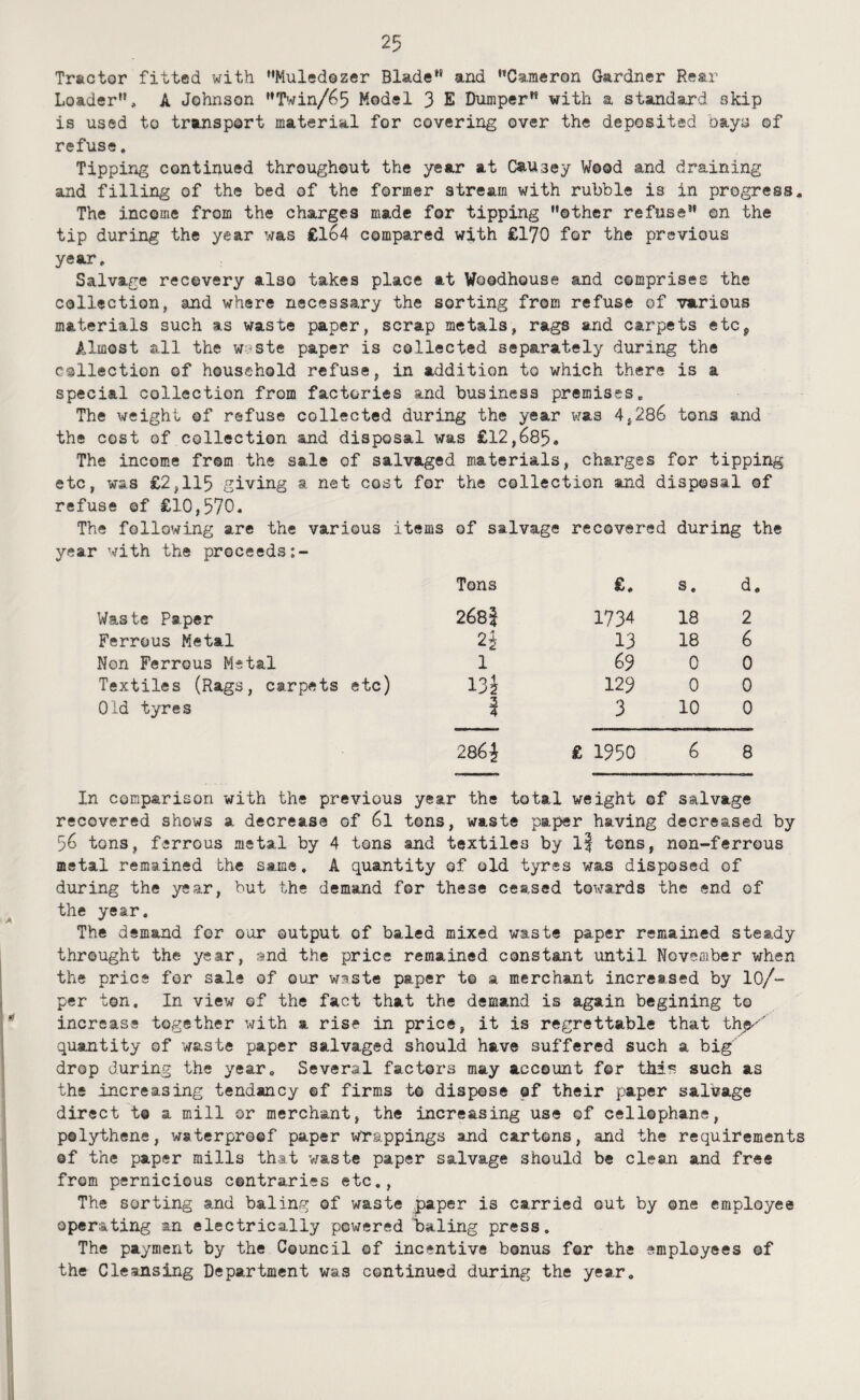 Tractor fitted with “Muledozer Blade*' and Cameron Gardner Rear Loader, A Johnson **T’//in/65 Model 3 E Dumper with a standard skip is used to transport material for covering over the deposited bays of refuse. Tipping continued throughout the year at Causey Wood and draining and filling of the bed of the former stream with rubble is in progress. The income from the charges made for tipping other refuse on the tip during the year was £l64 compared with £170 for the previous year. Salvage recovery also takes place at Woodhouse and comprises the collection, and where necessary the sorting from refuse of various materials such as waste paper, scrap metals, rags and carpets etc^ Almost all the w-’ste paper is collected separately during the collection of household refuse, in addition to which there is a special collection from factories and business premises. The weight ©f refuse collected during the year 4,286 tons and the cost of collection and disposal was £12,685. The income from the sale of salvaged materials, charges for tipping etc, was £2,115 giving a net cost for the collection and disposal of refuse of £10,570. The following are the various items of salvage recovered during the year with the proceeds Tons £. s. d. Waste Paper 268i 1734 18 2 Ferrous Metal 13 18 6 Non Ferrous Metal 1 69 0 0 Textiles (Rags, carpets etc) 13^ 129 0 0 Old tyres i 3 10 0 286^ £ 1950 6 8 In comparison with the previous year the total weight of salvage recovered shows a decrease of 6l tons, waste paper having decreased by 56 tons, ferrous metal by 4 tons and textiles by l| tons, non-ferrous metal remained the same, A quantity of old tyres was disposed of during the year, but the demand for these ceased totirards the end of the year. The demand for our output of baled mixed waste paper remained steady throught the year, and the price remained constant until November when the price for sale of our waste paper to a. merchant increased by lO/- per ton. In view of the fact that the demand is again begining to increase together with a rise in price, it is regrettable that th^e^' quantity of waste paper salvaged should have suffered such a big' drop during the year. Several factors may account for thif? such as the increasing tendancy ©f firms to dispose of their paper salvage direct to a mill or merchant, the increasing use of cellophane, polythene, waterproof paper wrappings and cartons, and the requirements of the paper mills that v/aste paper salvage should be clean and free from pernicious contraries etc., The sorting and baling of waste paper is carried out by one employee operating an electricQ,lly powered baling press. The payment by the Council of incentive bonus for the employees of the Cleansing Department was continued during the year.