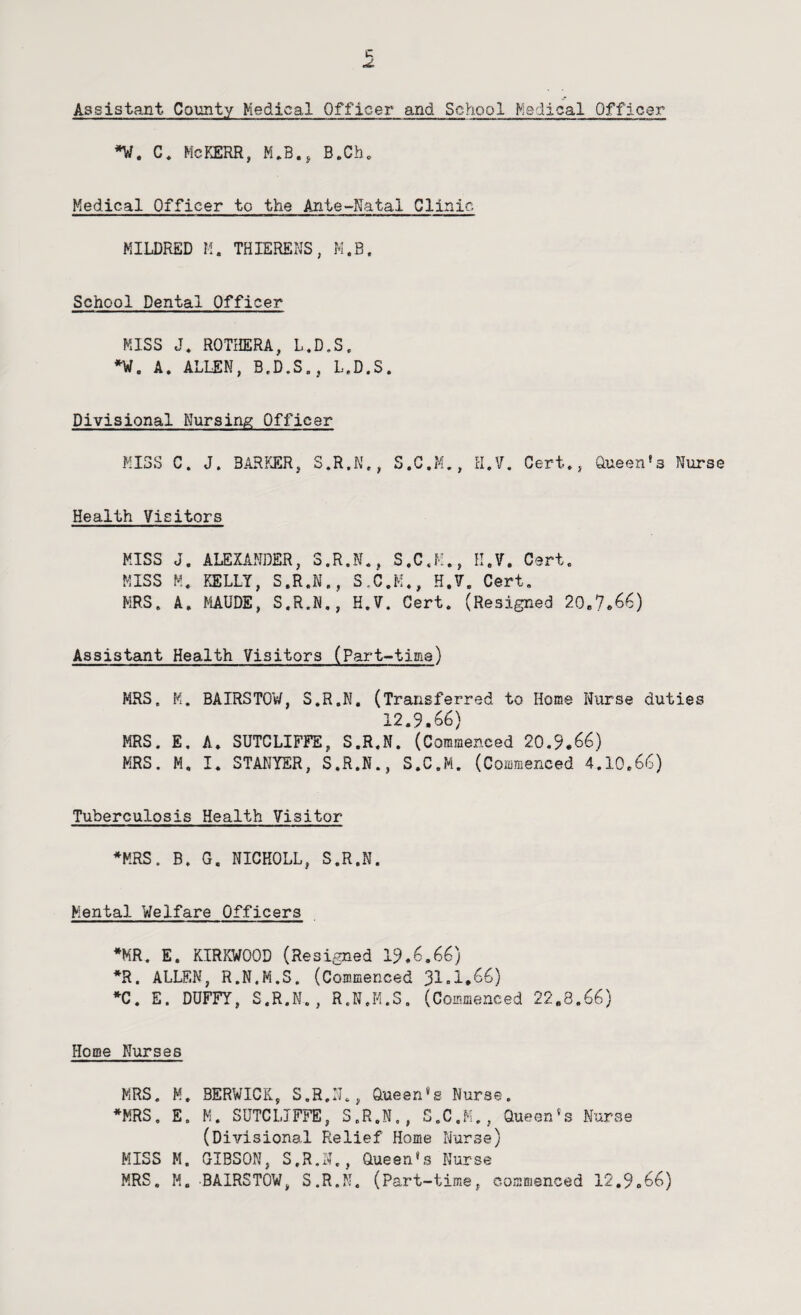 Assistant County Medical Officer and School Nedical Officer C. McKERR, M.B., B.Ch. Medical Officer to the Ante-Natal Clinic MILDRED M. THIERENS, M.B. School Dental Officer MISS J, ROTRERA, L.D.S. *W. A. ALLEN, B.D.S., L.D.S. Divisional Nursing Officer MISS C. J. BARm, S.R.K., S.C.M., H.V. Cert,, Oueen's Nurse Health Visitors MISS J. ALEXANDER, S.R.N,, S.C.K., H.?. Cert, KISS M, KELLY, S.R.N,, S.C.K,, H.V. Cert, MRS. A, MAUDE, S.R.N., H.V. Cert, (Resigned 20.7»66) Assistsmt Health Visitors (Pai’t-tinia) MRS, M, BAIRSTOW, S,R,N. (Transferred to Home Nurse duties 12.9.66) MRS. E, A. SUTCLIFFE, S.R.N. (Commenced 20,9.66) MRS. M, I. STANYER, S.R.N., S.C.M. (Commenced 4,10.66) Tuberculosis Health Visitor *MRS. B. G. NICHOLL, S.R.N. Mental Welfare Officers *MR. E, KIRKWOOD (Resigned 19.6.66) *R. ALLEN, R.N.M.S. (Commenced 31.1.66) *C, E. DUFFY, S.R.N., R.N.M.S, (Commenced 22.3.66) Horae Nurses MRS. M. BERWICK, S.R.N., Oueen'e Nurse. *MRS, E. K. SUTCLIFFE, S.R.N., S.C.K. , Queen's Nurse (Divisional Relief Home Nurse) MISS M. GIBSON, S.R.N., Queen's Nurse MRS. M. BAIRSTOW, S.R.N. (Part-time, commenced 12,9.66)