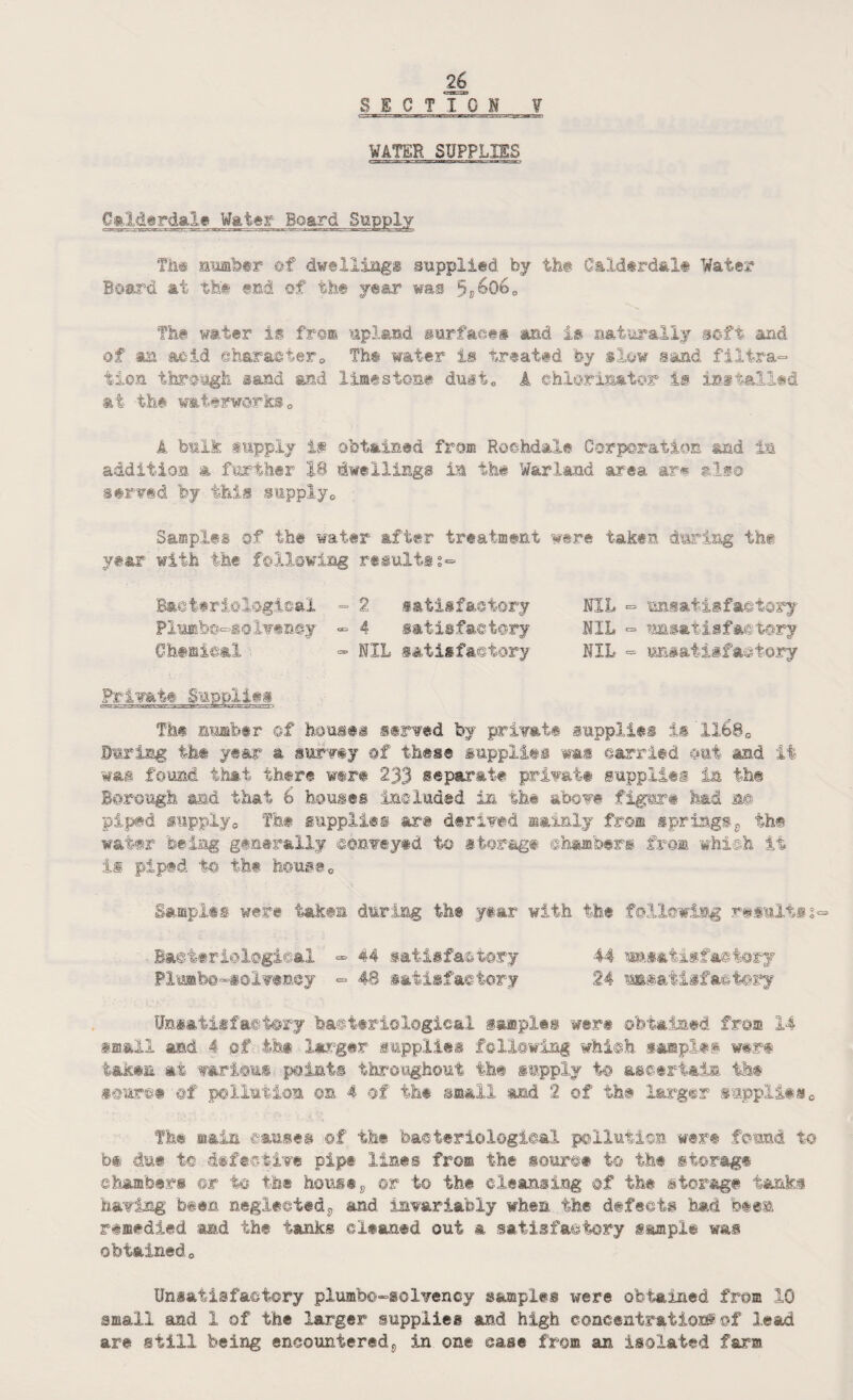 WATER SUPPLIES CaMardale Water Board Supply The number of dwellings supplied by the C&lderd&le Water Board at the end of the year was 5»60bo The water is fro® upland surfaces and is naturally soft and of as, acid character„ The water is treated fey slow sand fiitra= iion through sand and limestone dust* A chlorinator is initailed at the waterworks* A bulk supply i,® obtained fro® Rochdale Corporation and in addition a further 18 dwellings in the Warland area ar* also served by this supply* Samples of the water after treatment were taken during the year with the following rtiultss- Bacteriological = '2 satisfactory MIL - unsatisfactory Plumb©=>goXv«ney «=> 4 satisfactory MIL - unsatisfactory Chemical - MIL satisfactory MIL - unsatisfactory Private Supplies The number of houses served by private supplies i®'ll68* During the year a survey of these supplies was carried out and it found that there were 233 separate private supplies in the Borough and that 6 houses included in the above figure had m piped supply* The supplies are derived mainly from springs* the water feeing generally conveyed to storage chambers fro® which it is piped to the house* Samples were taken during the year with the following results5= Bacteriological - 44 satisfactory 44 unsatisfactory Plumb©-solvency => 48 satisfactory 24 unsatisfactory Unsatisfactory bacteriological samples were obtained fro® 14 small and 4 of- the larger supplies following which samples were taken at various points throughout the supply to ascertain the source of pollution ©n 4 of the small -and 2 ©f the larger supplies* The main causes of the bacteriological pollution mm found to b® due to defective pipe lines from the source to the storage chambers @r to the houses or to the cleansing of the storage tanks having been neglected$ and invariably when the defects had fetes remedied and the tanks cleaned out a satisfactory sample was obtained* Unsatisfactory plumbo-solvency samples were obtained from 10 small and 1 of the larger supplies and high concentration of lead are still being enoountereds in one case from an isolated farm.