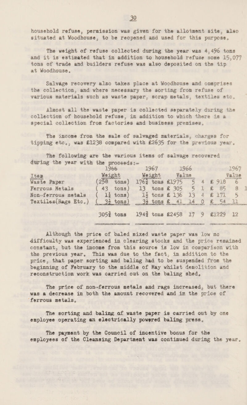 M household refuse„ permission was gives for the allotment sit*, also situated at Woodhoufe^ to be reopened and used for this purpose* The weight of refuse collected during the year was 4S4% tons and it is estimated that in addition to household refuse some 15?07? tons of trade and builders refuse was also deposited on the tip at Woodhouse. Salvage recovery also takes place at Woodhoust and comprises th® collection;, and where necessary the sorting from refuse of various materials such as waste paperv scrap metalss textiles ®i©* Almost all the waste paper is collected separately during the collection of household refuse9 in addition i© which there is a special collection from factories and business premises. Th# income fro® the sale ©f salvaged materials, ©barges for tipping et@*p was £1238 compared with £2635 for the previous year, Th® following art the various items ©f salvage recovered during th® year with the proceeds l%b Item Waste Paper Ferrous Metali Non-ftrrous metali Tex tile &( Bags Etc*) 136? 1966 Weight Weight Value (25© tons) 17?Ttoas £1975 !5 { 43 tons) 13 ions £ 305 5 ( i| tons) 1} tons £ 1% 13 C tonsj 1? tons £ 41 14 1 4 0 196? Value £ 916 “IT £ 85 8 £ 171 5 £ 54 11 3051 tons 194f toms £24.58 1? 9 £1229 12 Although the price of baled mixed waste paper was low mo difficulty was experienced in clearing stocks and the pries remained constant^ but th# income from this source is low in comparison with the previous year* This was due to the faetp in addition t© the price 5 that paper sorting and baling had to be suspended from the beginning of February to the middle ©f May whilst demolition and reconstruction work was carried out on the baling shed* The price of non-ferrous metals and rags increased, but there was a decrease in both the amount recovered and in the price of ferrous metals* The sorting and baling of waste paper is carried out by on® employe# operating an electrically powered baling pres®* The payment by the Council of incentive bonus far the employees of the Cleansing Department was continued during the year*